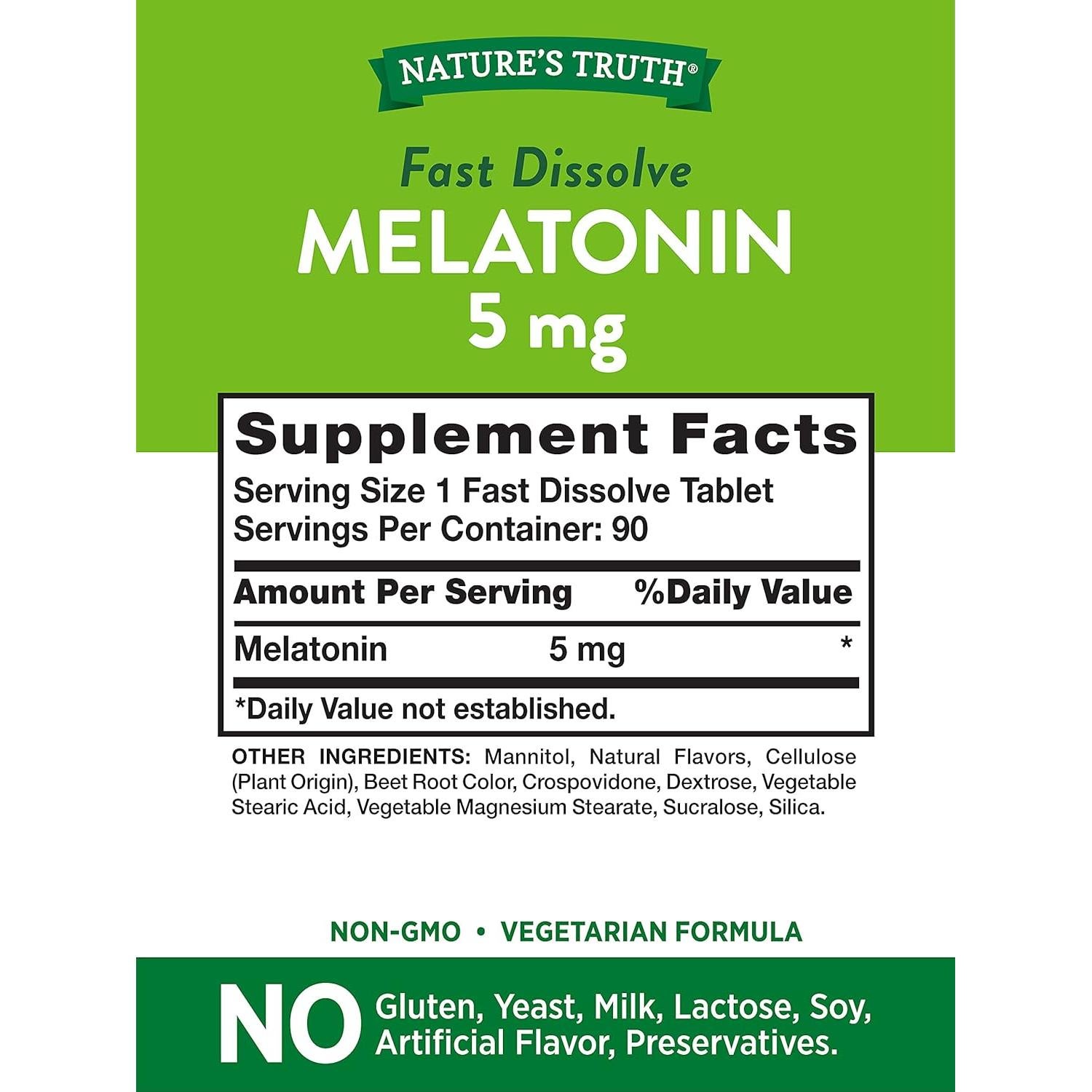 Nature's Truth Melatonin 5 mg | 180 Fast Dissolve Tablets (2 X 90 Twin Pack) | Natural Berry Flavor | Vegetarian, Non-GMO, Gluten Free Supplement