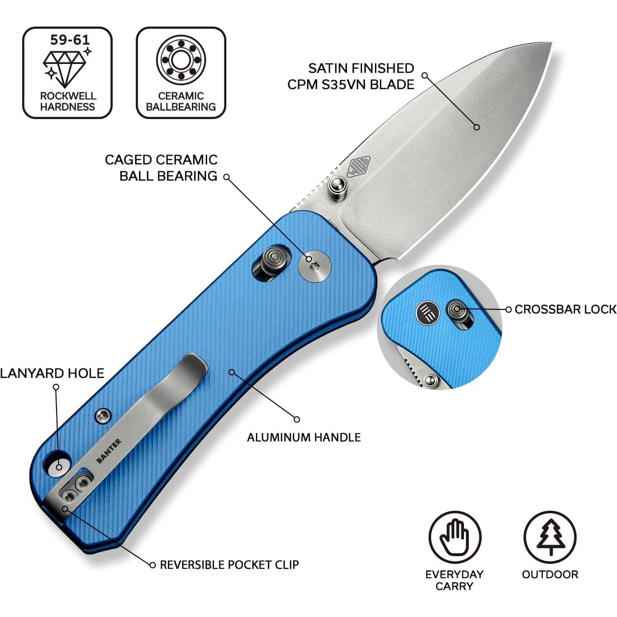 Cuchillo de bolsillo WeKnife Banter 2 azul EDC 73mm acero S35VN