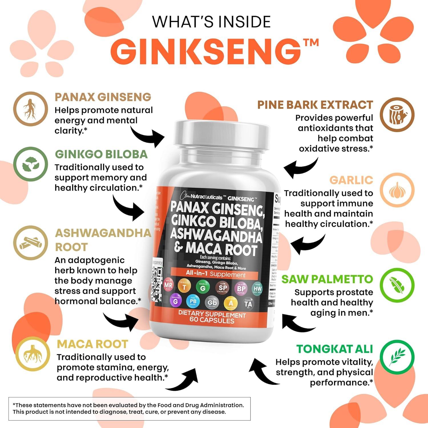 Suplemento Clean Nutraceuticals Ginseng y Ginkgo Biloba 60 Cápsulas