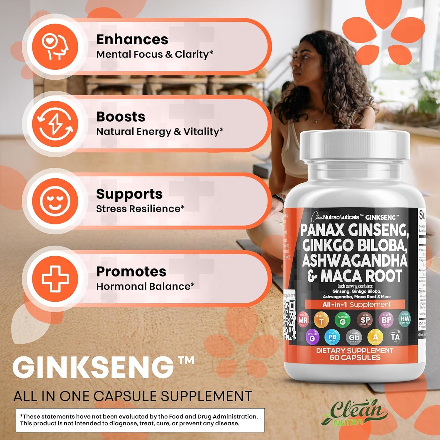 Suplemento Clean Nutraceuticals Ginseng y Ginkgo Biloba 60 Cápsulas
