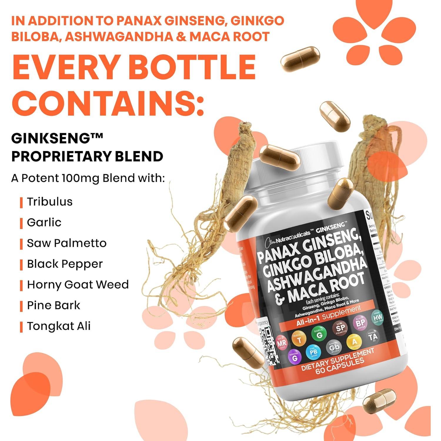 Suplemento Clean Nutraceuticals Ginseng y Ginkgo Biloba 60 Cápsulas