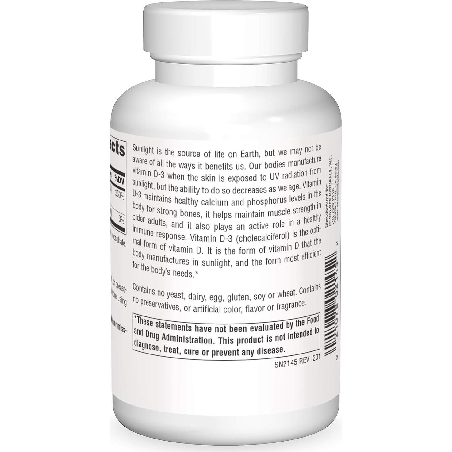 Vitamina D-3 Source Naturals 2000 UI 200 Cápsulas Salud Ósea