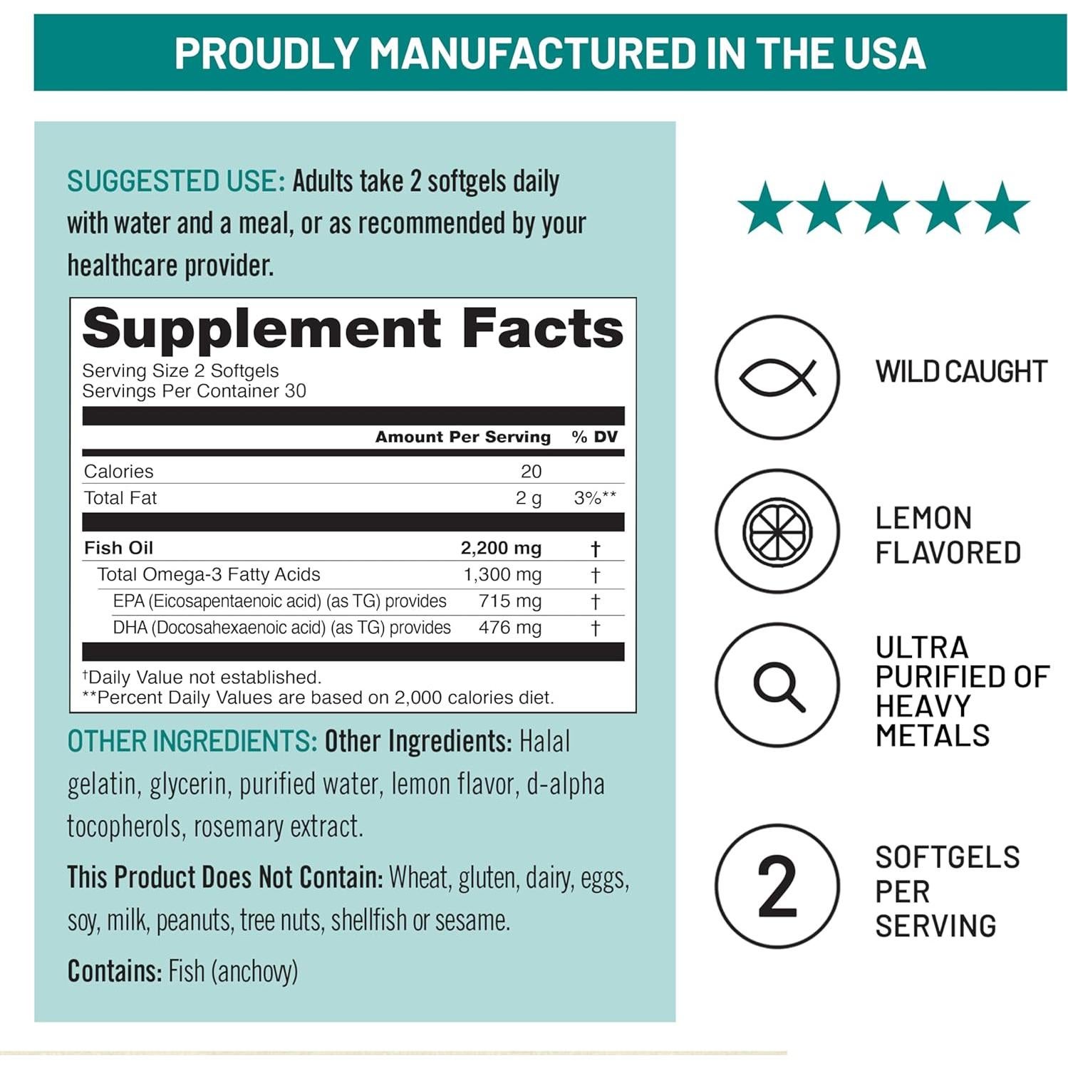 NatureWise Omega 3 Aceite de Pescado 2200 mg 60 Gelatinas Blandas