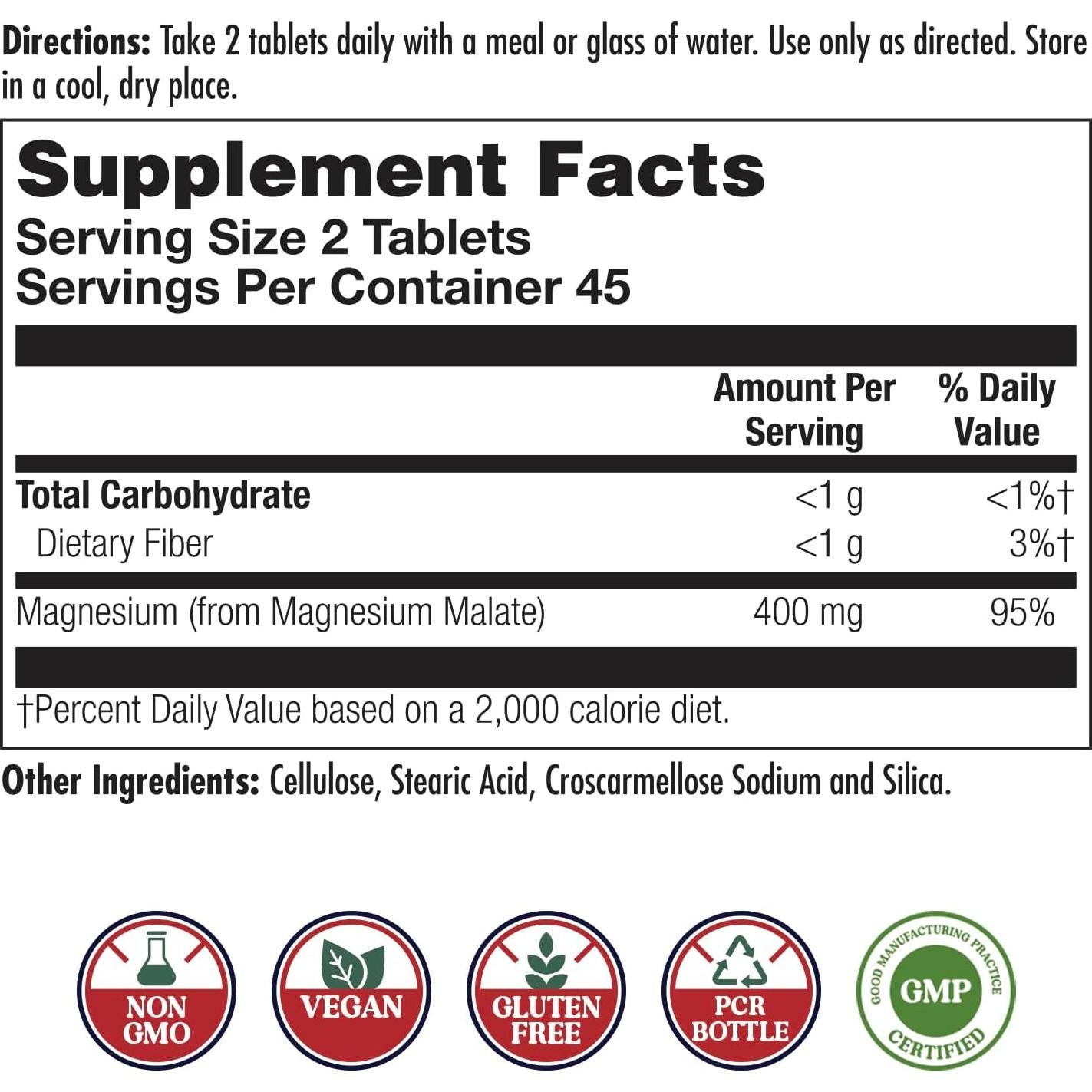 Suplemento de Magnesio Malato KAL 400mg Vegano 90 Tabletas