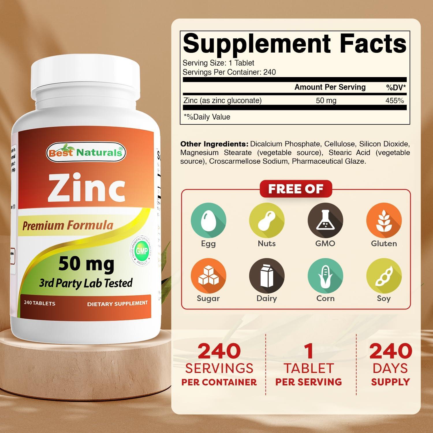 Suplemento de Zinc Gluconato 50mg Mejor Naturales 240 Tabletas