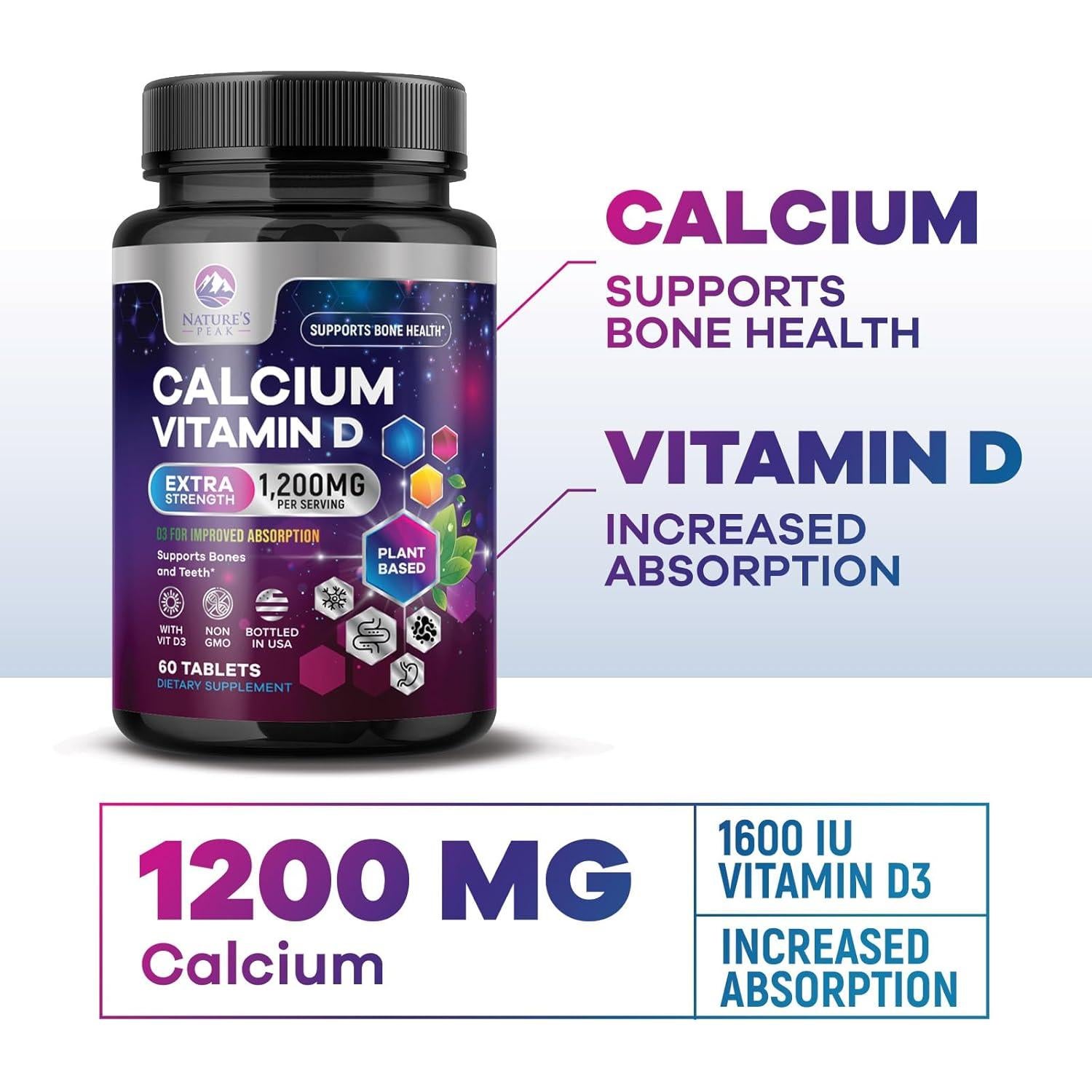 Suplemento de Calcio 1200 mg con Vitamina D3 - 60 Tabletas