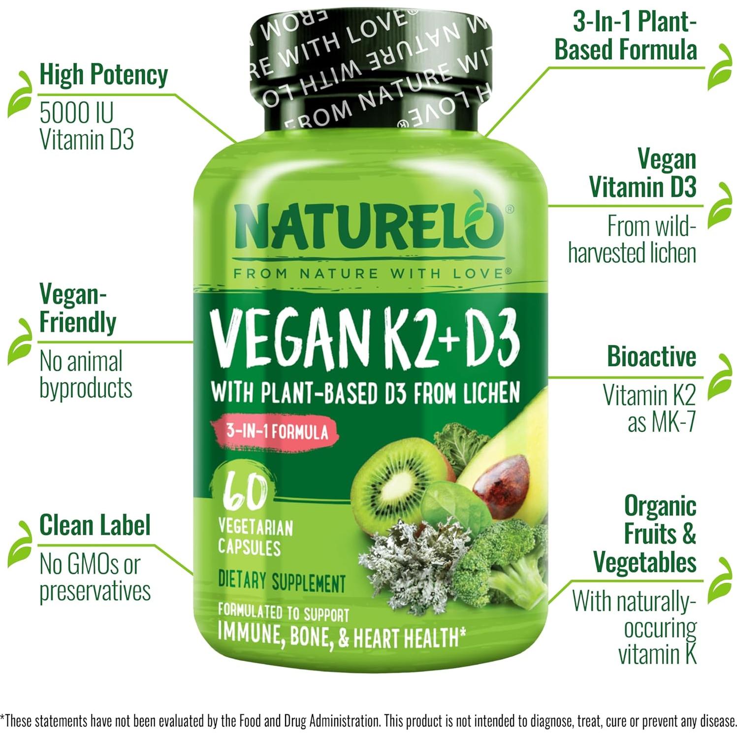 NATURELO Vitamina D3 K2 Vegana 60 Cápsulas - Suplemento Natural