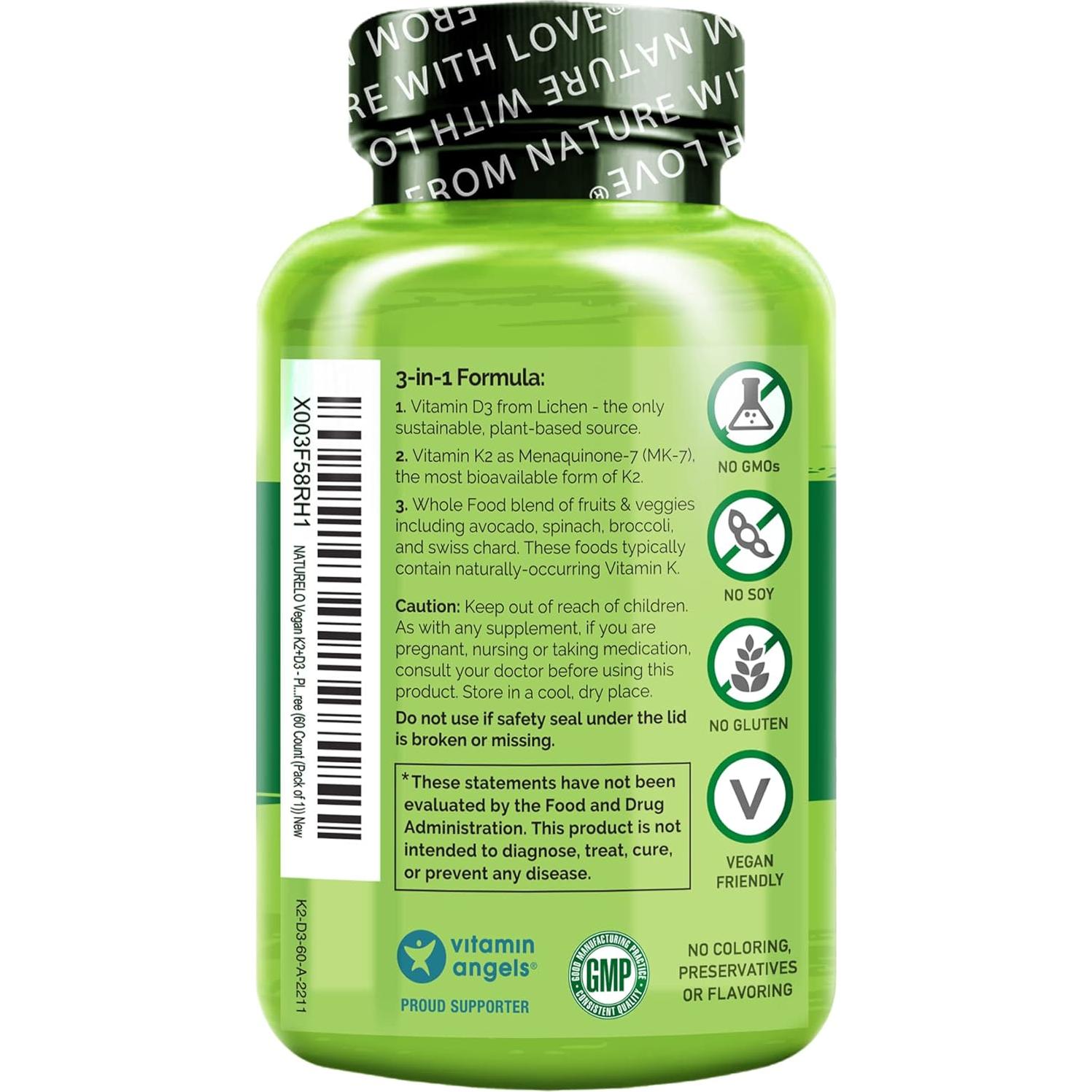 NATURELO Vitamina D3 K2 Vegana 60 Cápsulas - Suplemento Natural