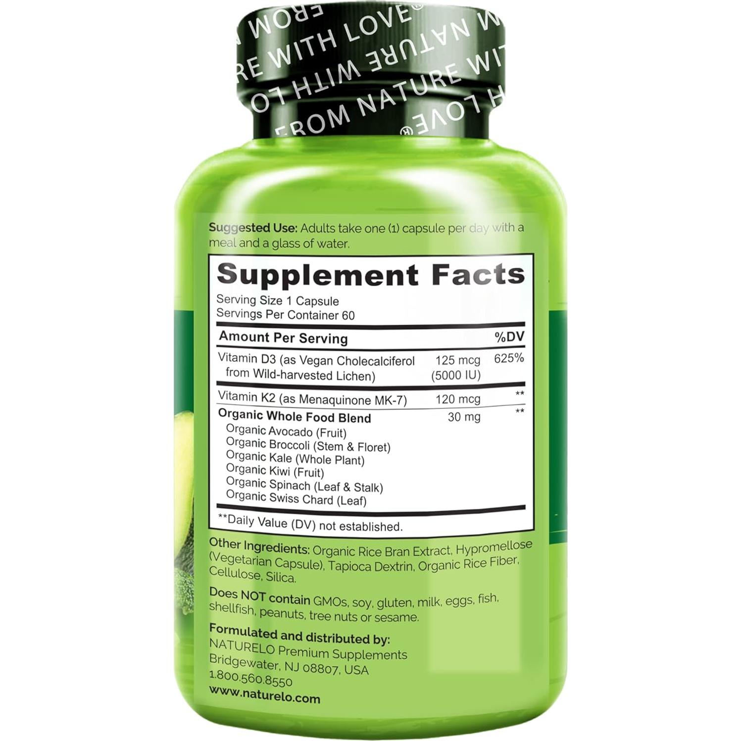 NATURELO Vitamina D3 K2 Vegana 60 Cápsulas - Suplemento Natural