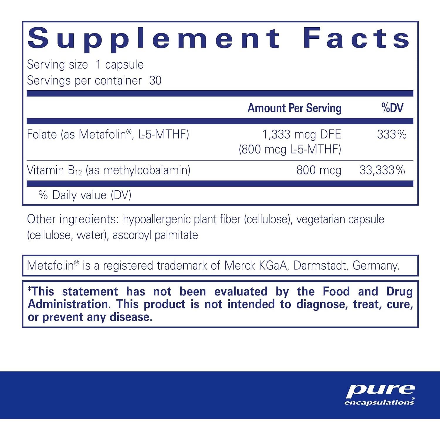 Suplemento Energético B12 Folato Pure Encapsulations 30 Cápsulas