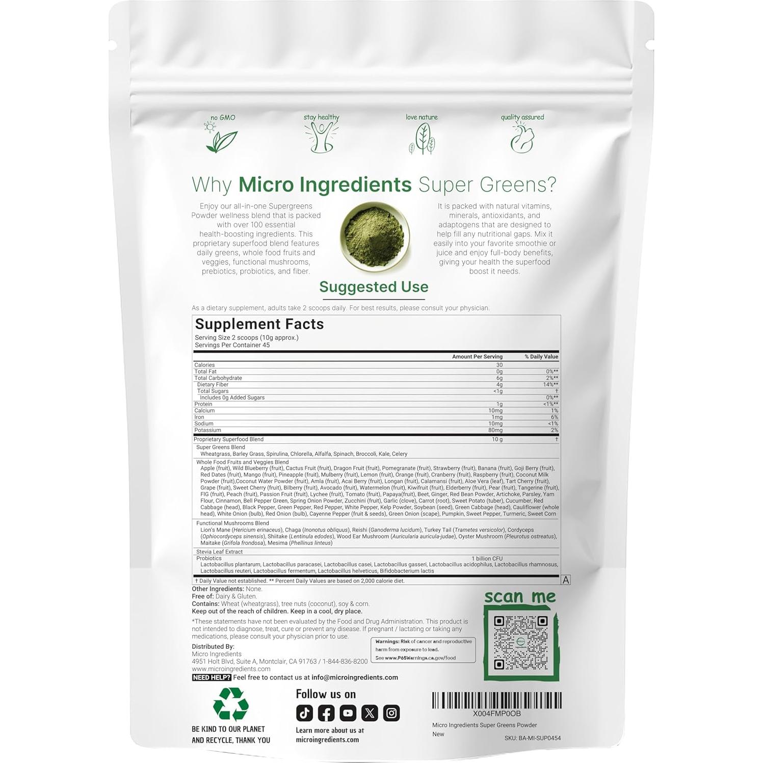 Polvo de Super Verdes Micro Ingredients 0.45kg - 100 Superalimentos