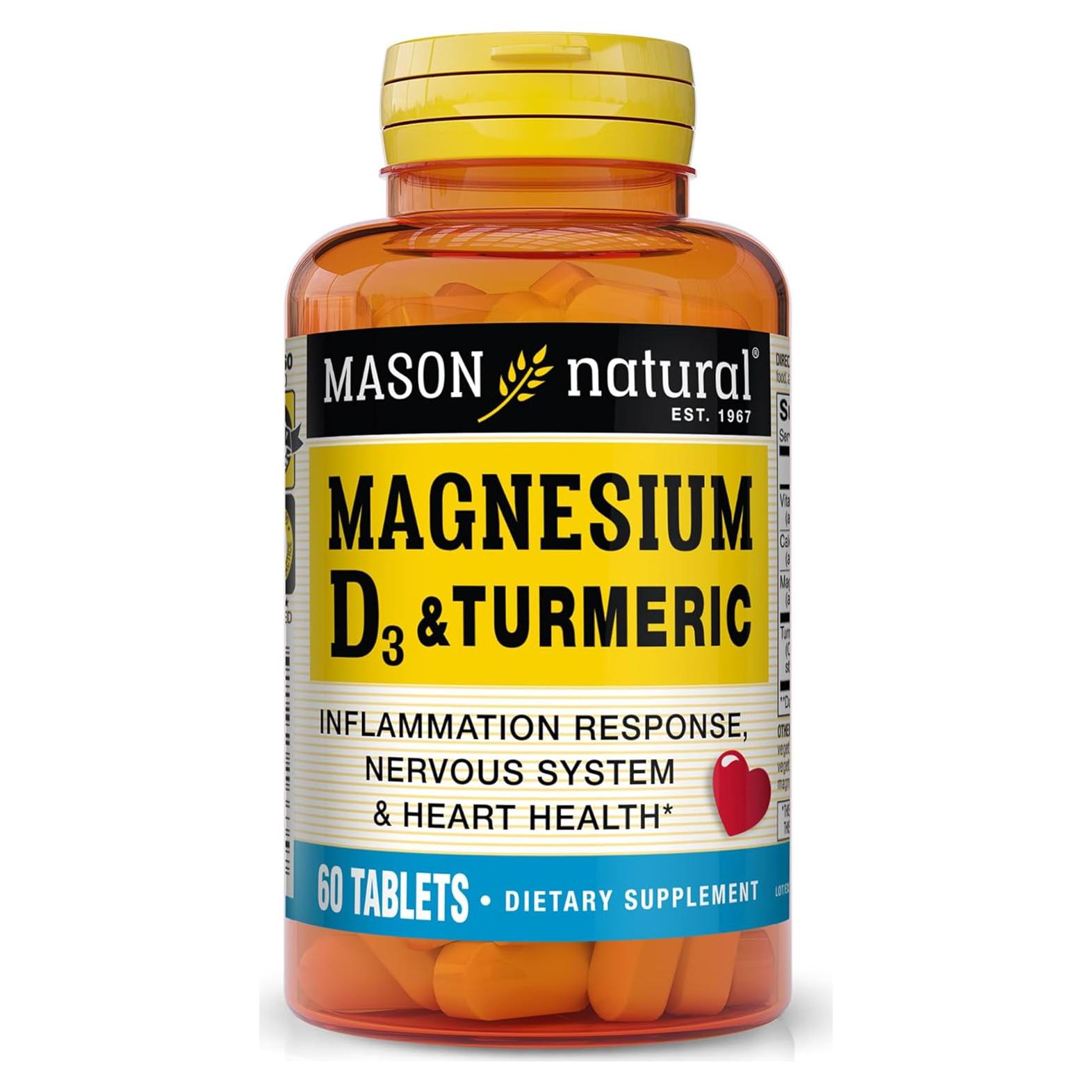 Suplemento Dietético Mason Natural Magnesio 500 mg y Vitamina D3 3000 UI con Cúrcuma 150 mg - 60 Tabletas