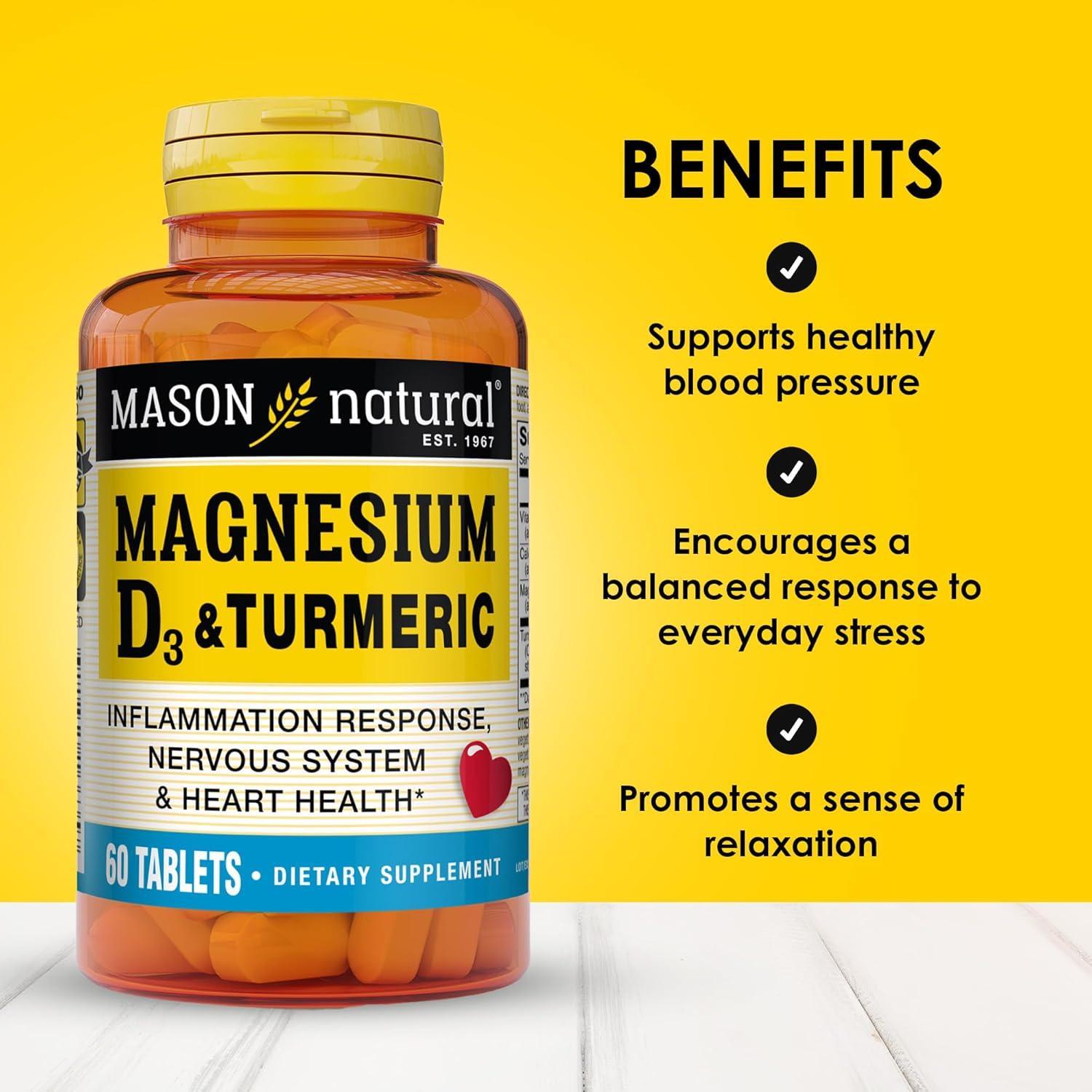Suplemento Dietético Mason Natural Magnesio 500 mg y Vitamina D3 3000 UI con Cúrcuma 150 mg - 60 Tabletas