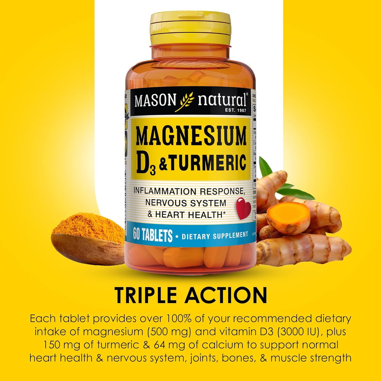 Suplemento Dietético Mason Natural Magnesio 500 mg y Vitamina D3 3000 UI con Cúrcuma 150 mg - 60 Tabletas