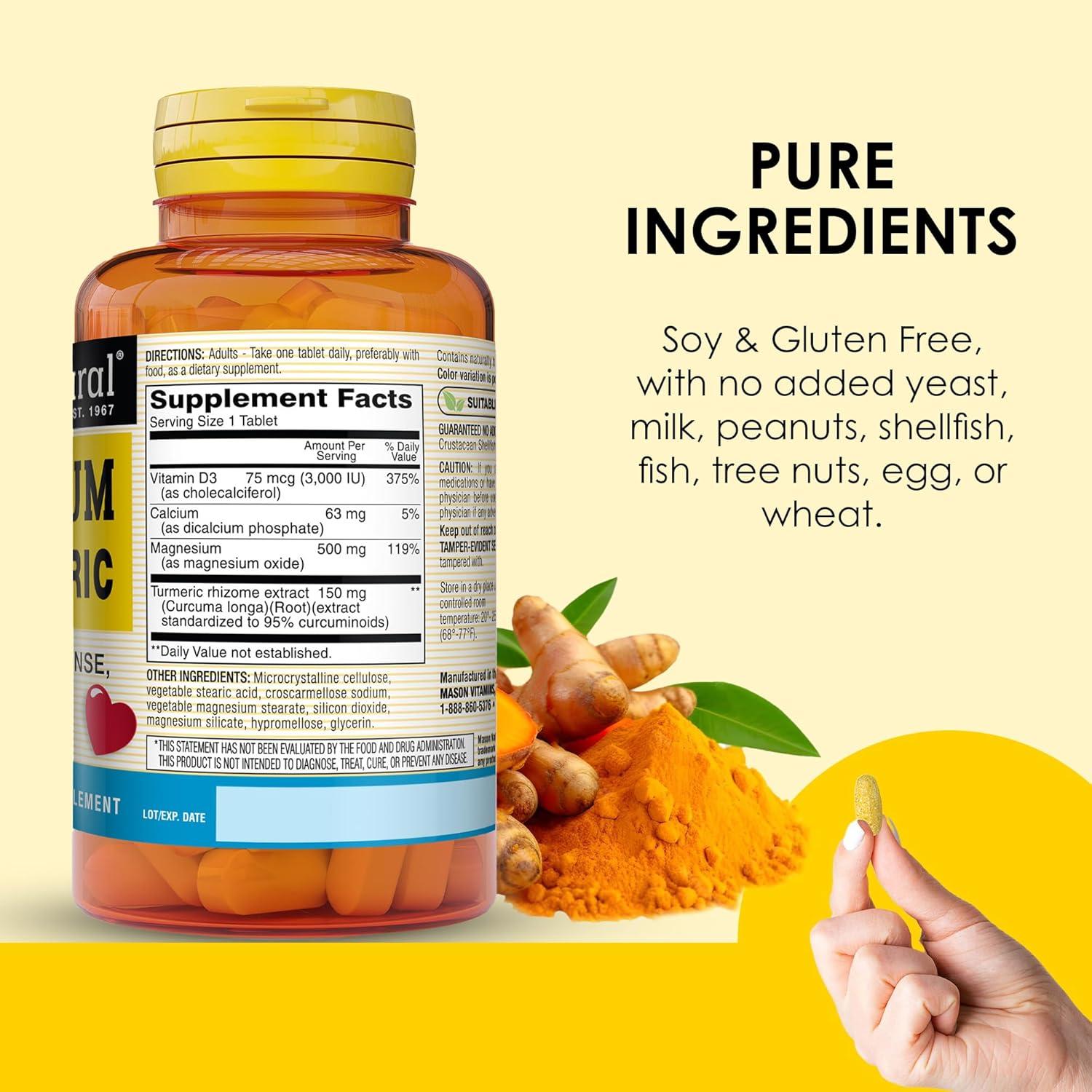 Suplemento Dietético Mason Natural Magnesio 500 mg y Vitamina D3 3000 UI con Cúrcuma 150 mg - 60 Tabletas