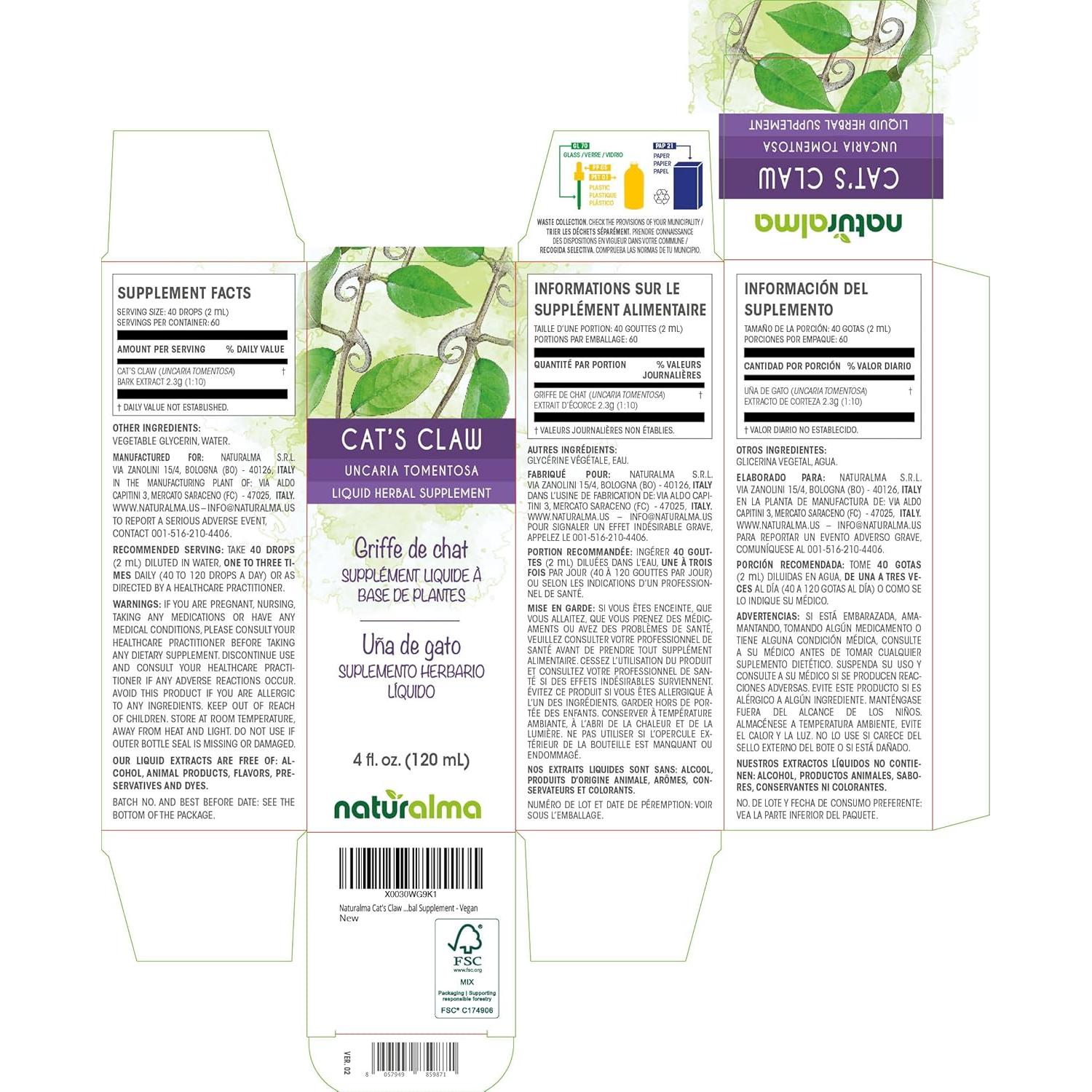 Extracto líquido de uña de gato Naturalma 118.29 ml - Vegano
