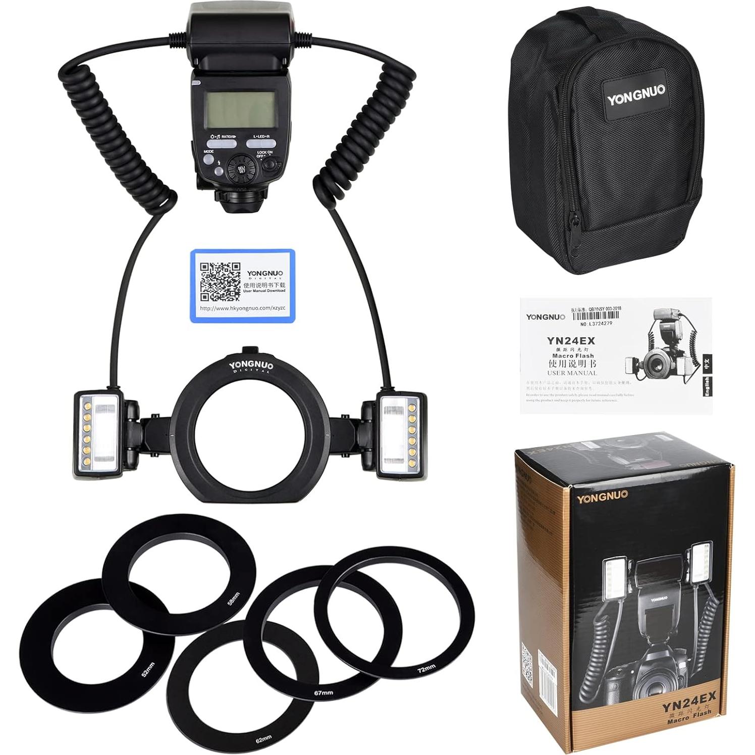 Flash Anular Macro YONGNUO YN24EX TTL para Canon con 4 Anillos