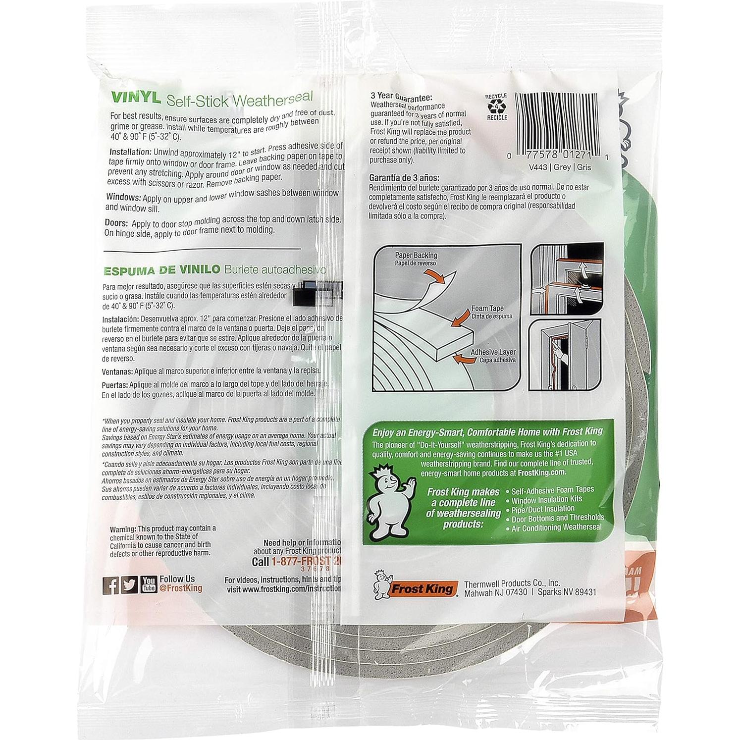 Cinta de Espuma de Vinilo Frost King V443/4 1cm x 0.5cm x 5.18m Gris (Paquete de 4)