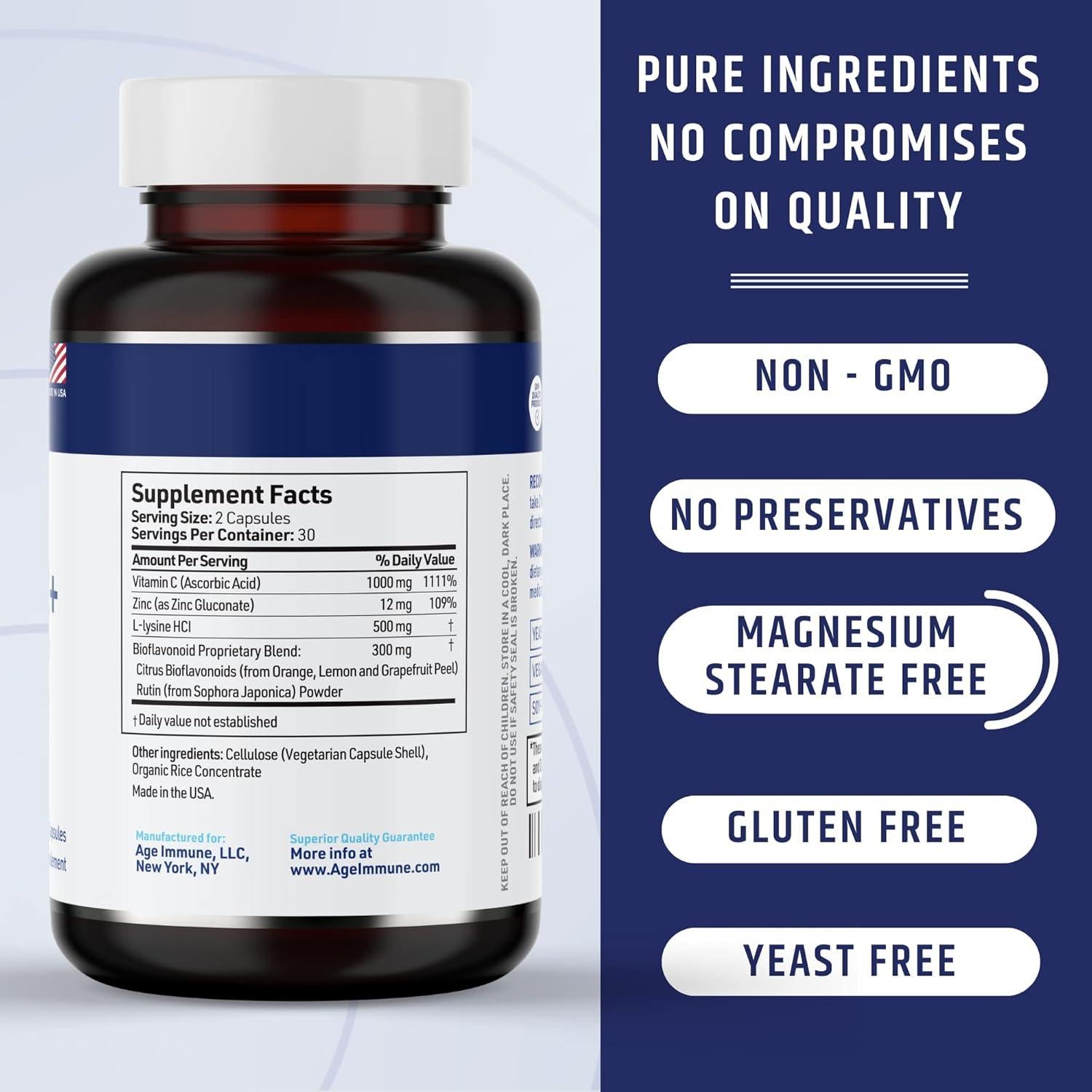 Suplemento de Vitamina C 1000mg con Zinc y L-Lisina AgeImmune