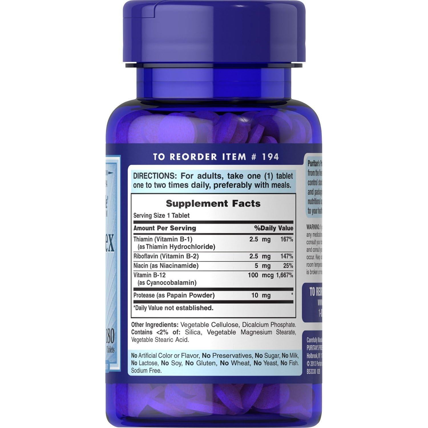 Suplemento Complejo de Vitaminas B Puritan's Pride 180 Tabletas