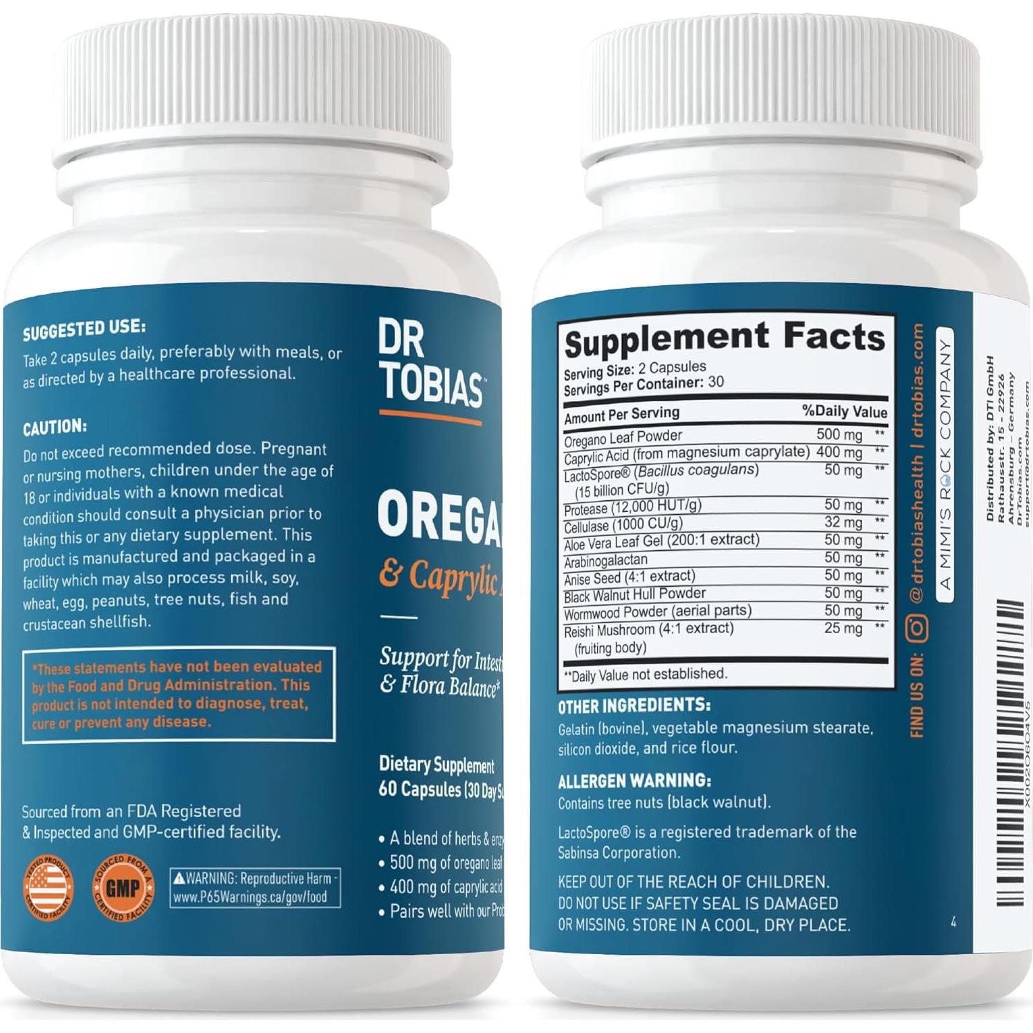 Suplemento Intestinal Dr. Tobias con Oregano y Ácido Caprílico 60 Cápsulas