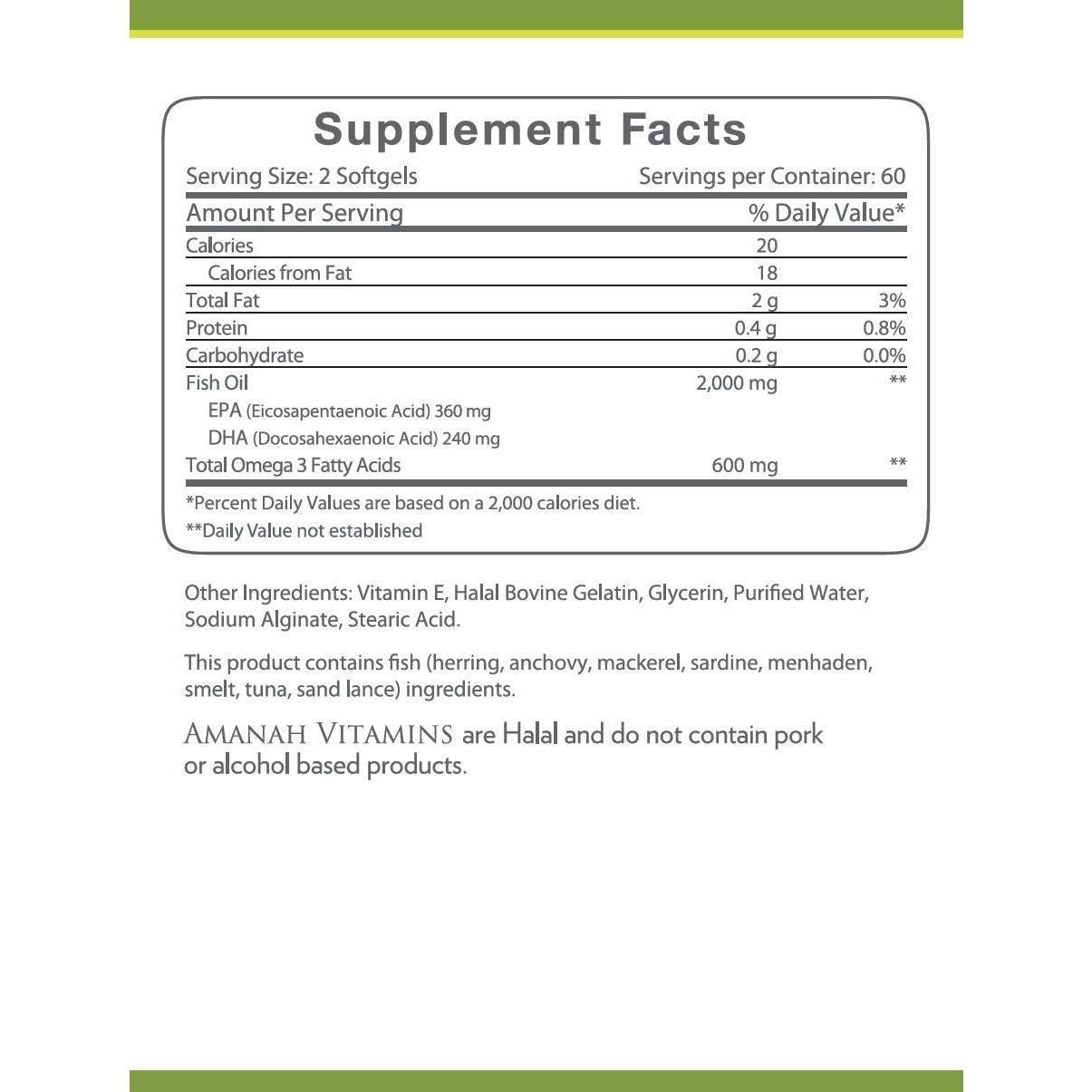Aceite de Pescado Omega-3 Halal Amanah 2000mg 120 Gelatinas