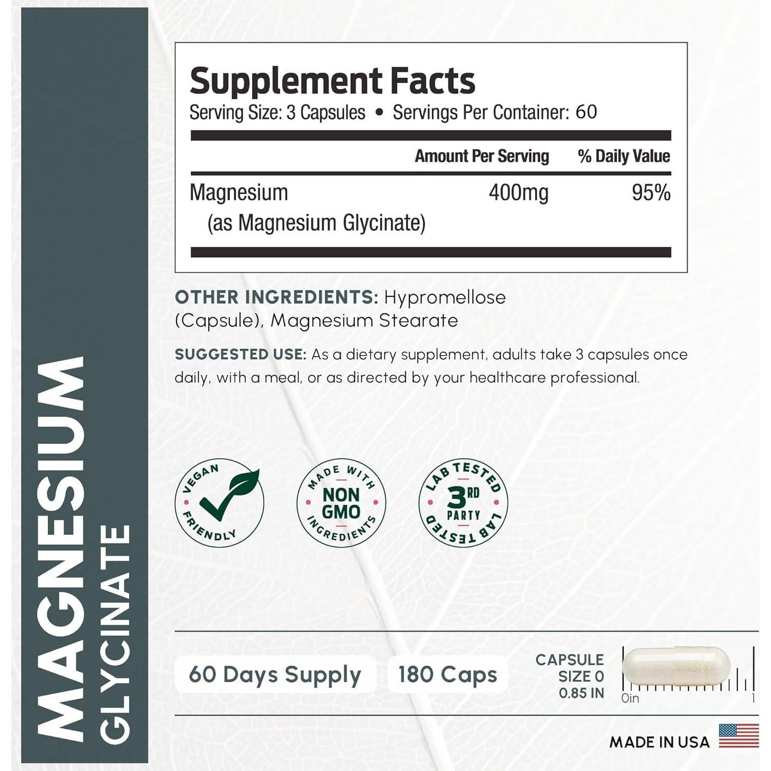 Glicinato de Magnesio 400mg ForestLeaf - 180 Cápsulas Alta Absorción