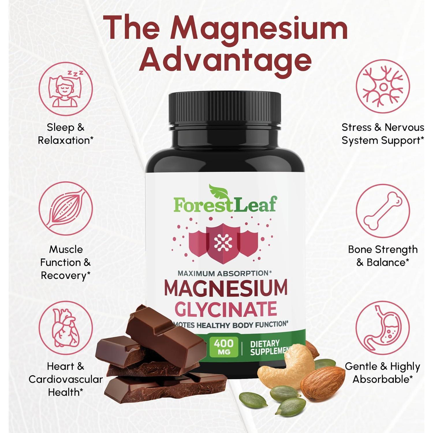 Glicinato de Magnesio 400mg ForestLeaf - 180 Cápsulas Alta Absorción