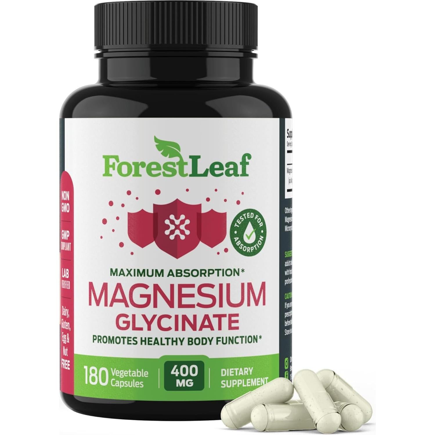 Glicinato de Magnesio 400mg ForestLeaf - 180 Cápsulas Alta Absorción