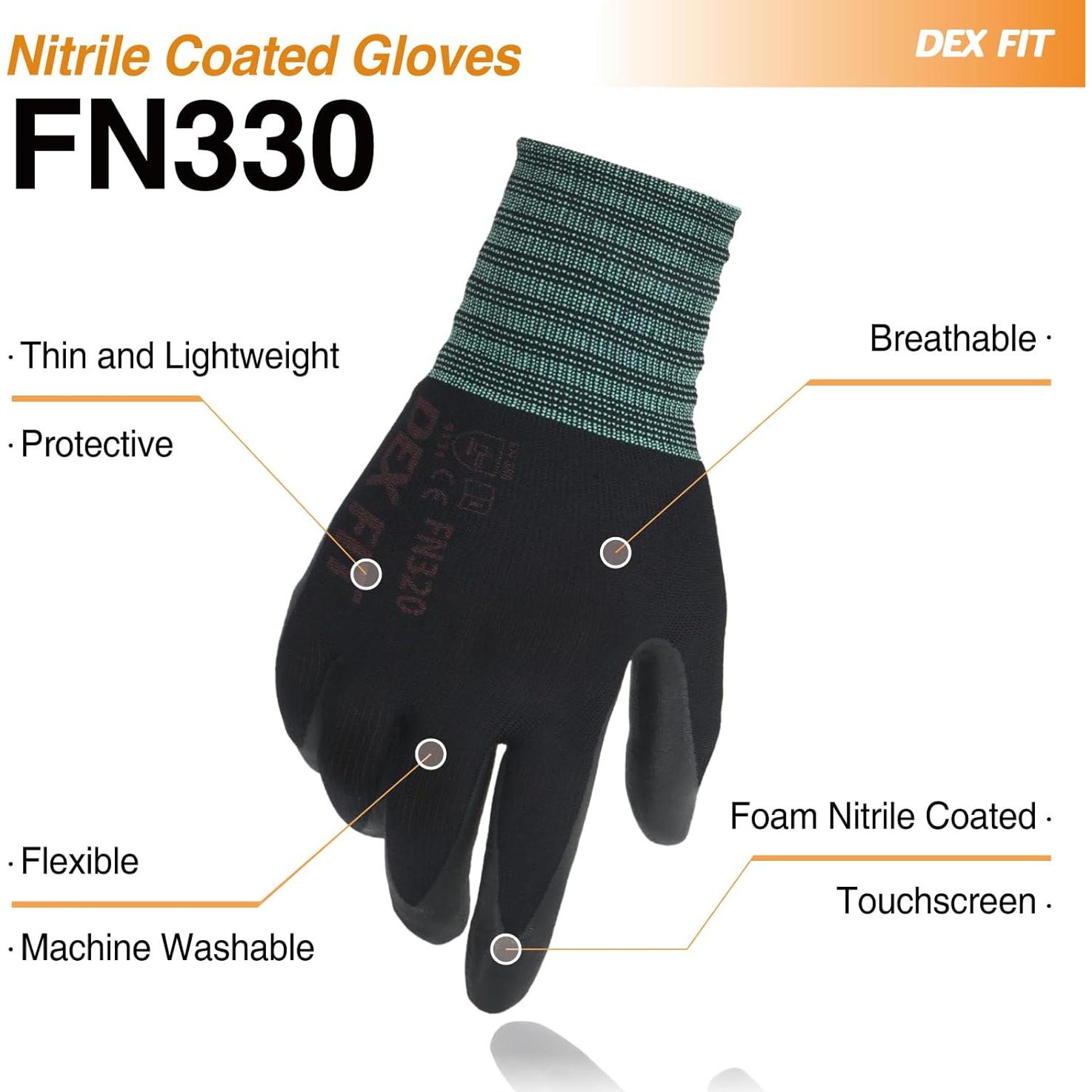 Guantes de Trabajo DEX FIT FN330 Nitrilo Transpirables Negro XS