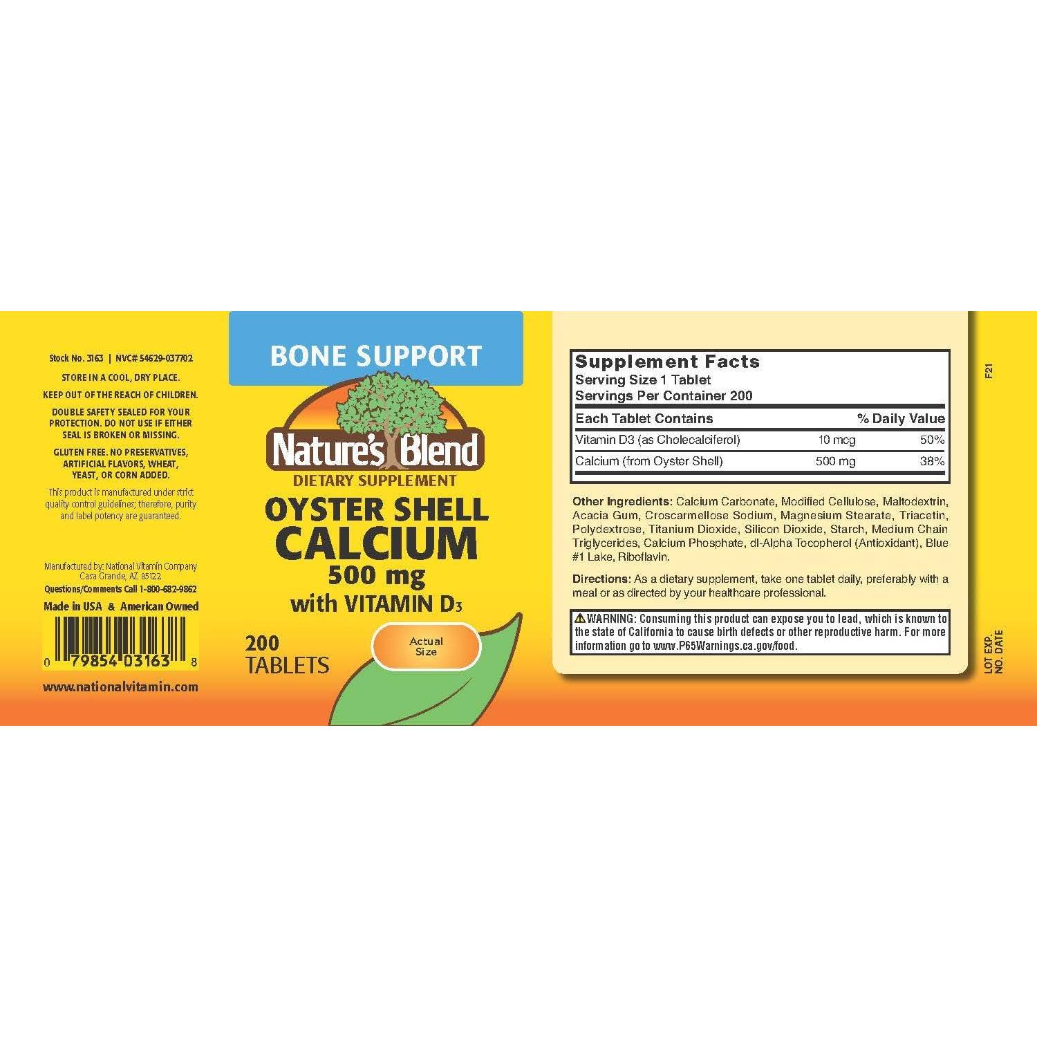 Calcio de Concha de Ostra Nature's Blend con D3 200 Tabletas