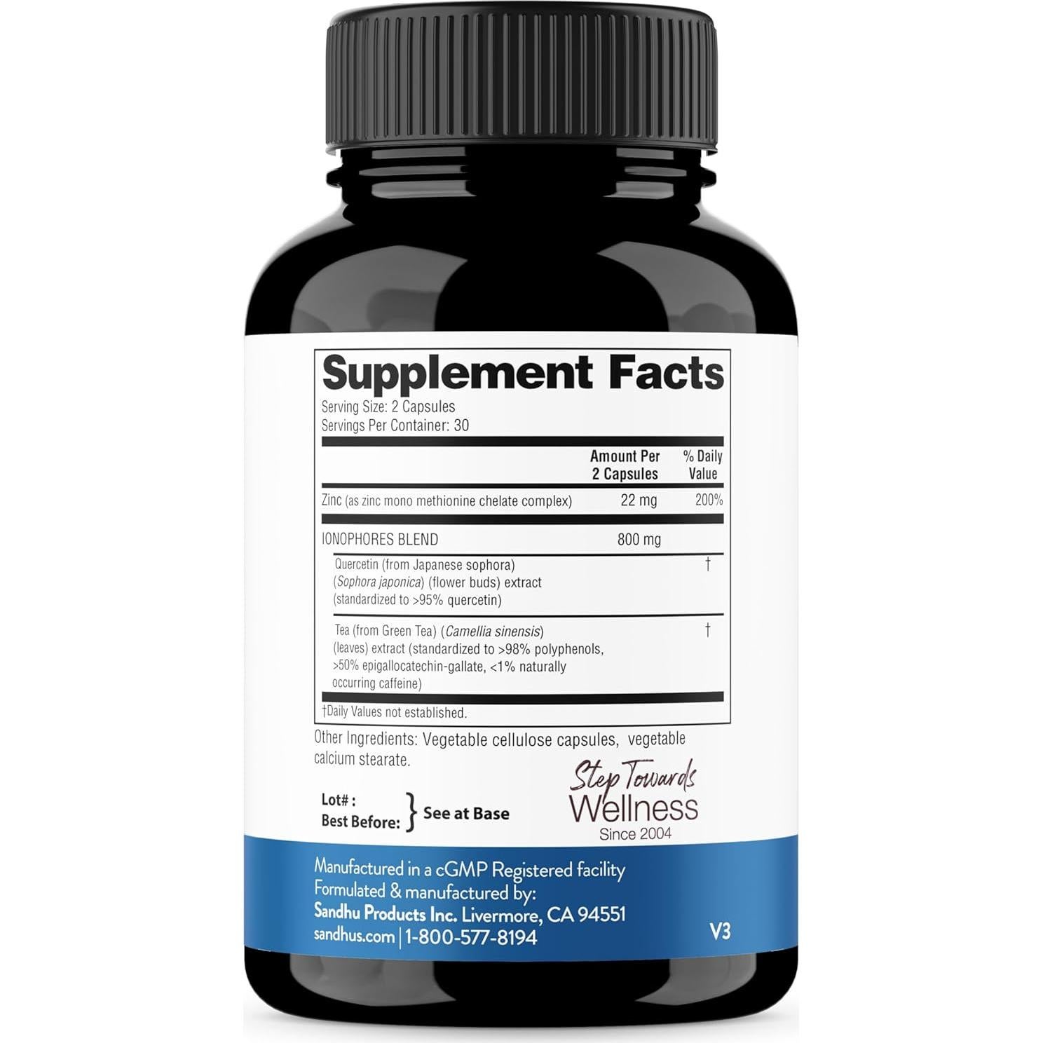 Suplemento de Zinc Sandhu 800mg con Ionóforos y Quercetina 60 Cápsulas