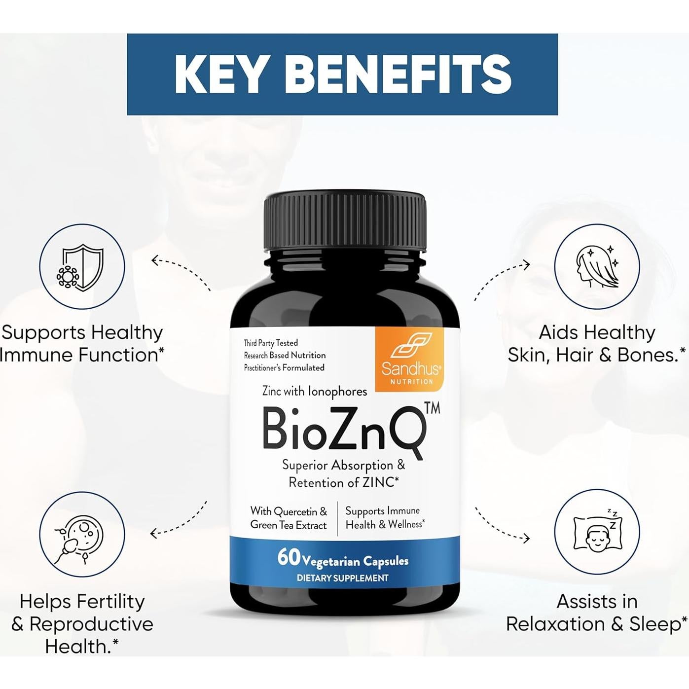 Suplemento de Zinc Sandhu 800mg con Ionóforos y Quercetina 60 Cápsulas