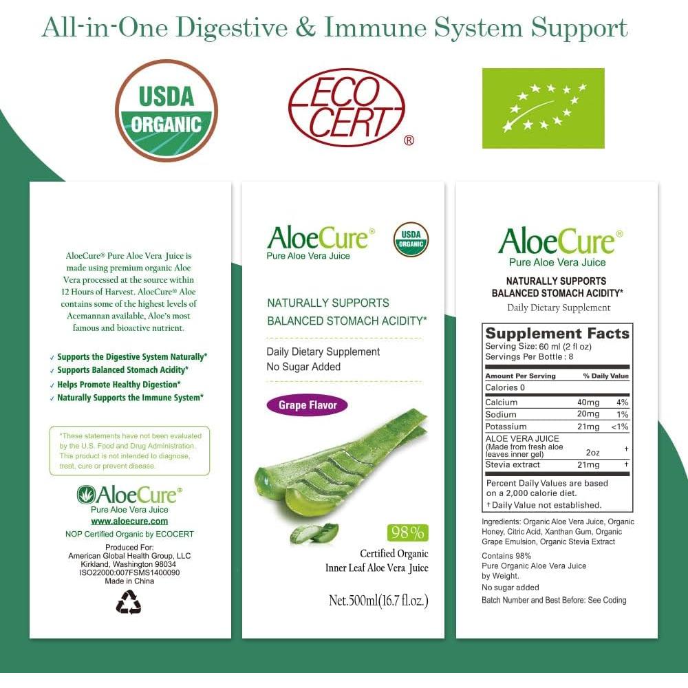 Jugo de Aloe Vera Orgánico AloeCure 473ml Sabor Uva