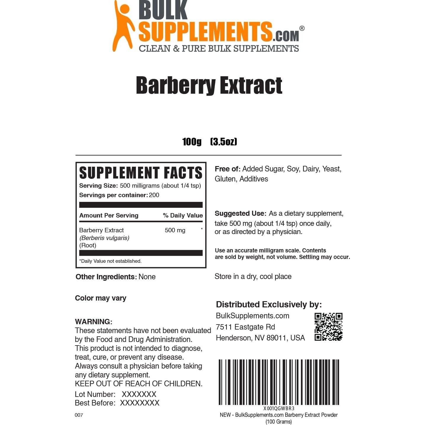 Polvo de Extracto de Agracejo BulkSupplements 100g Suplemento Herbal