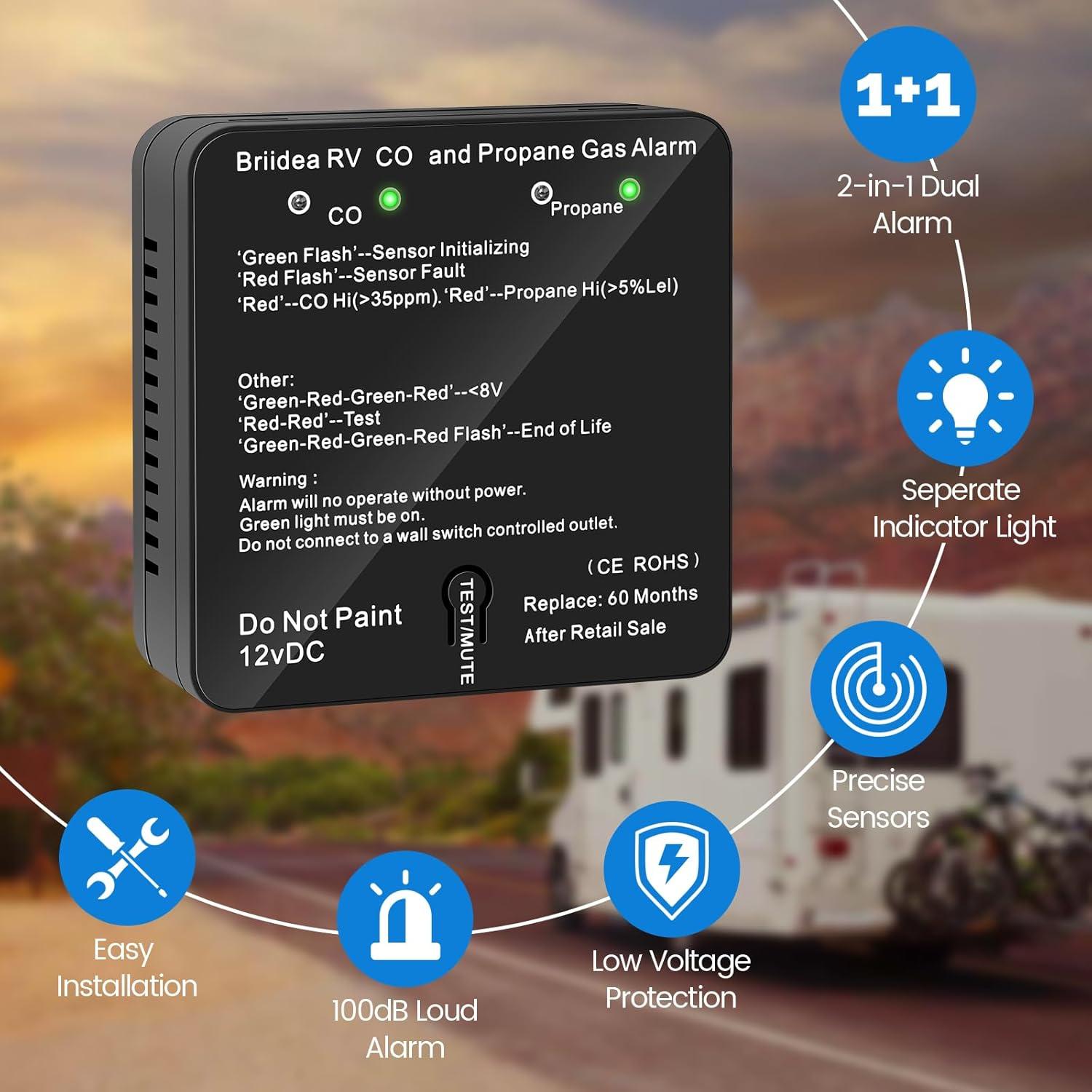Detector de Monóxido de Carbono y Gas Propano Briidea 12V
