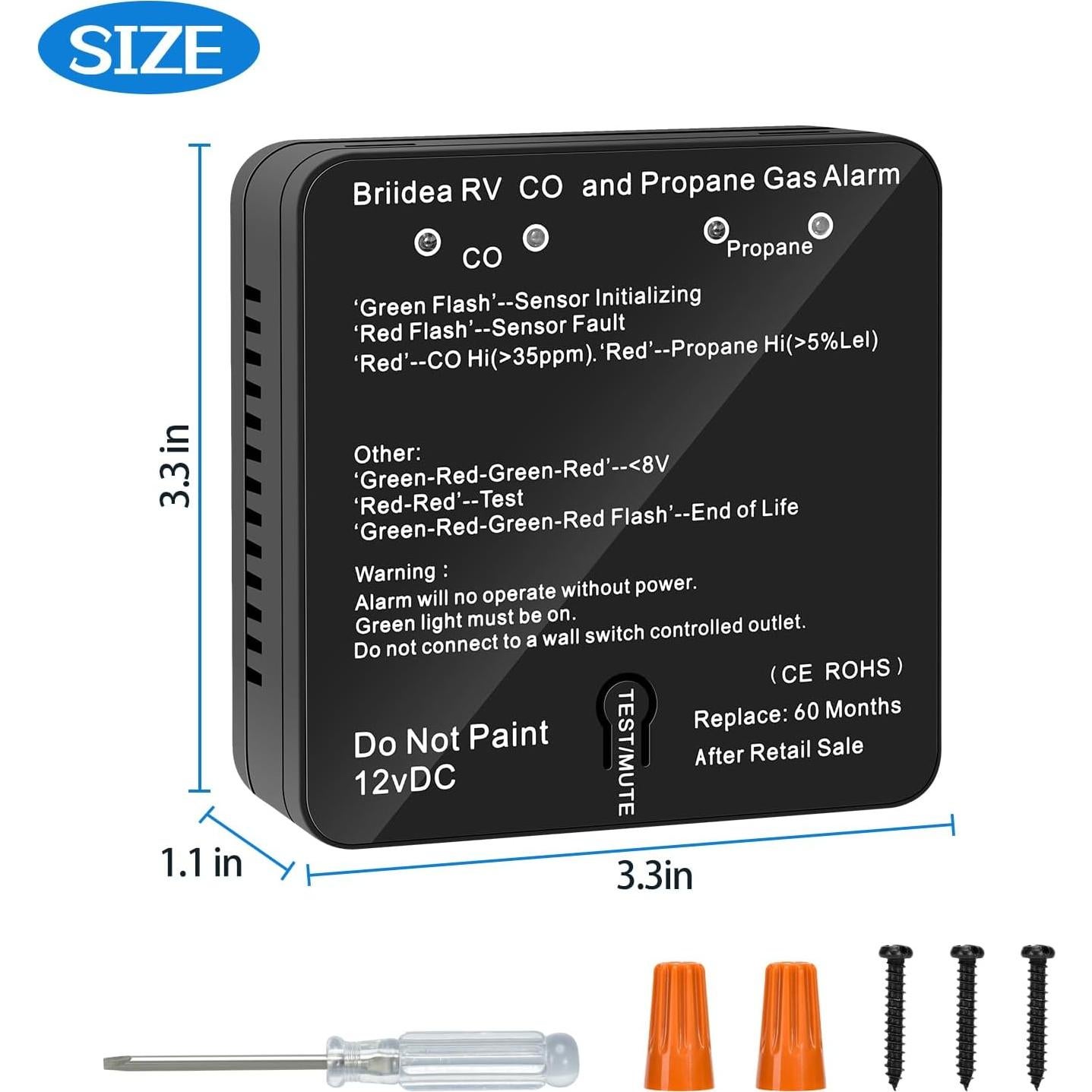 Detector de Monóxido de Carbono y Gas Propano Briidea 12V