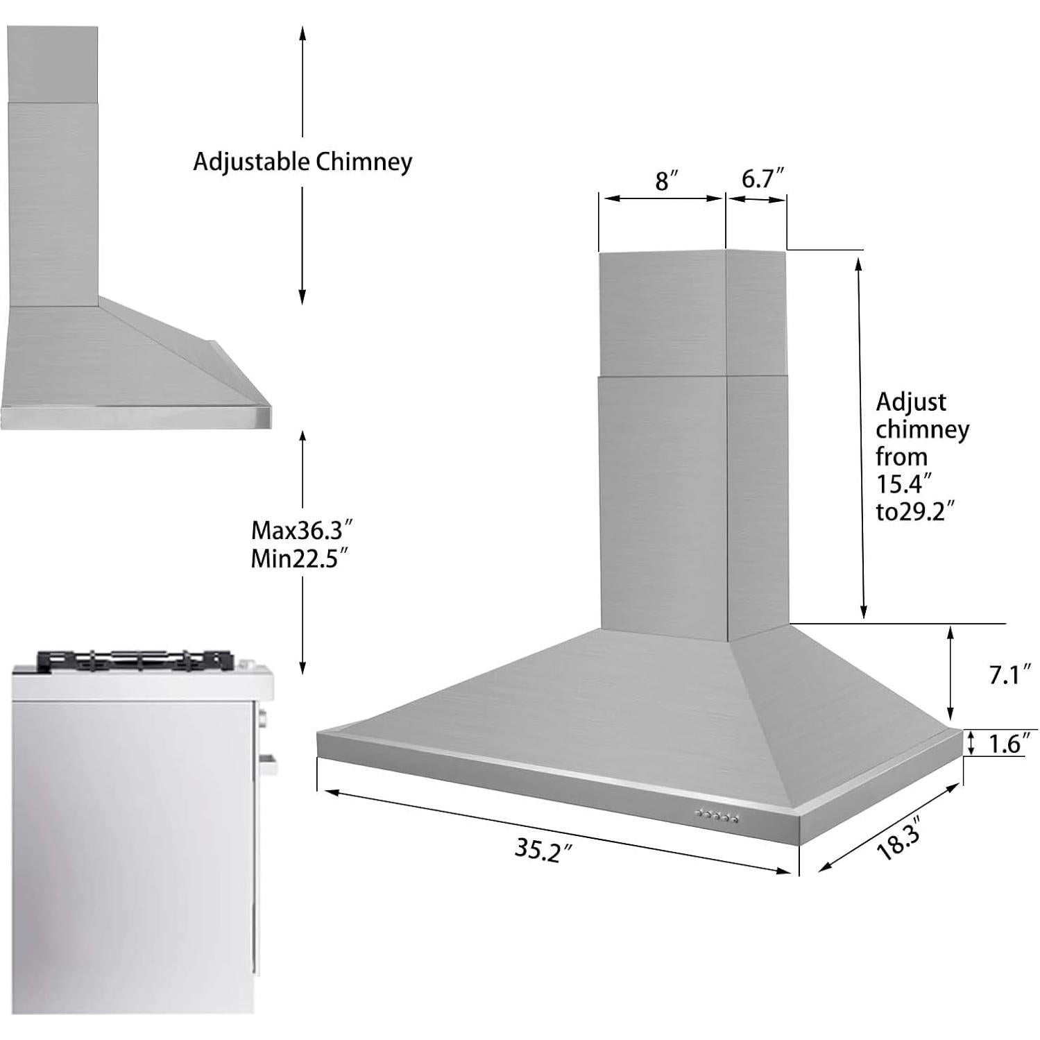 Campana Extractora de Pared Tieasy 91 cm Acero Inoxidable 450 CFM