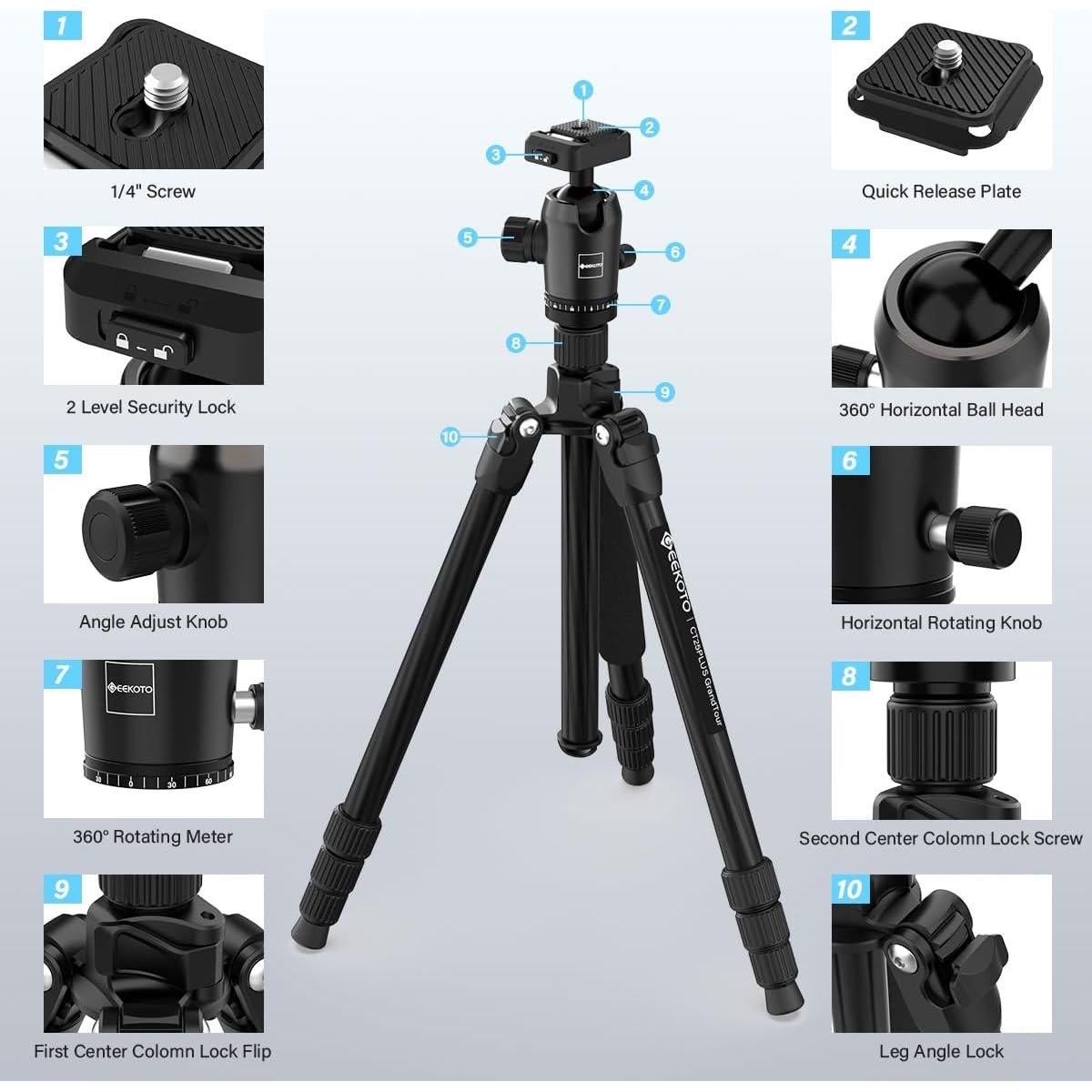 Trípode de Fibra de Carbono GEEKOTO 165 cm 12 kg 360°