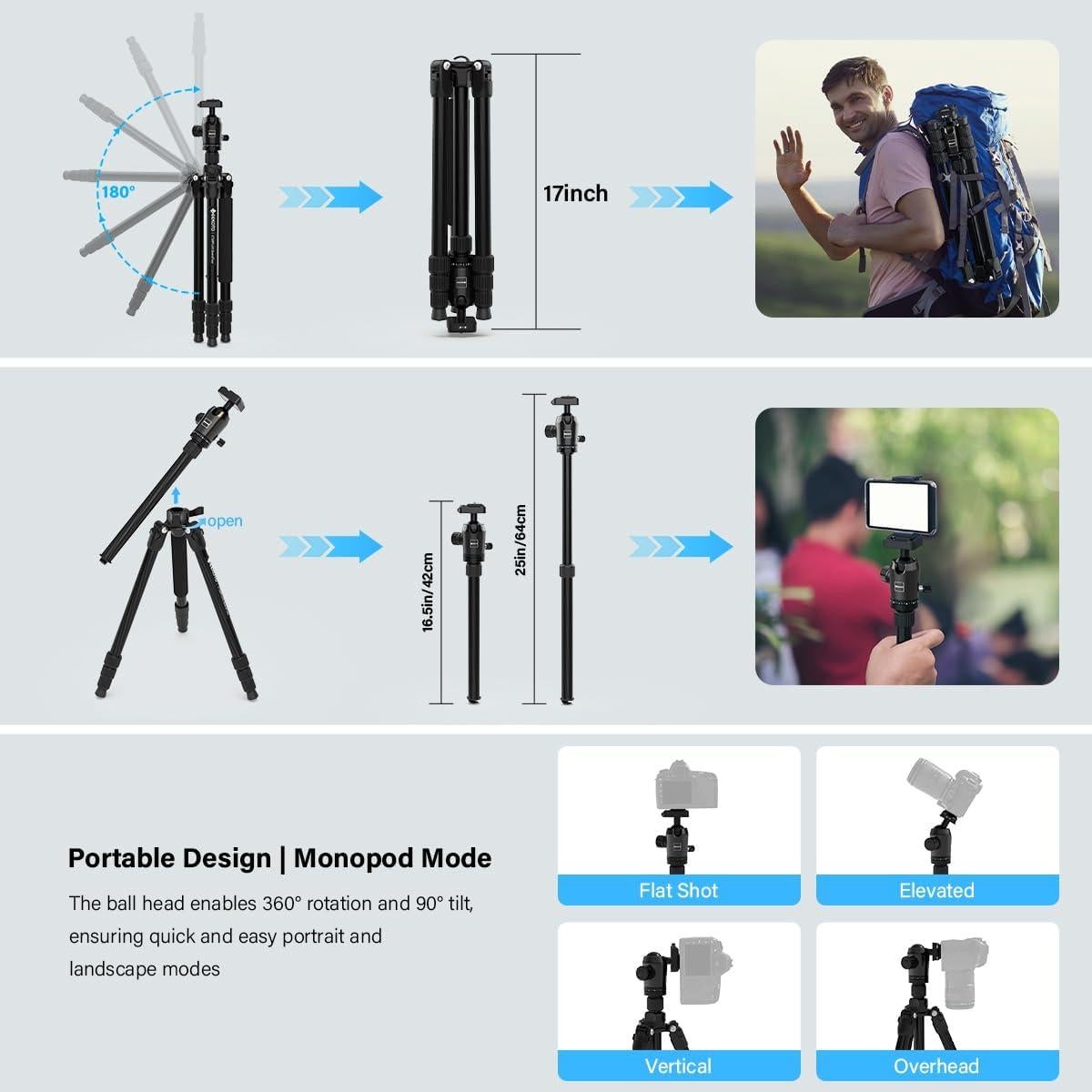 Trípode de Fibra de Carbono GEEKOTO 165 cm 12 kg 360°