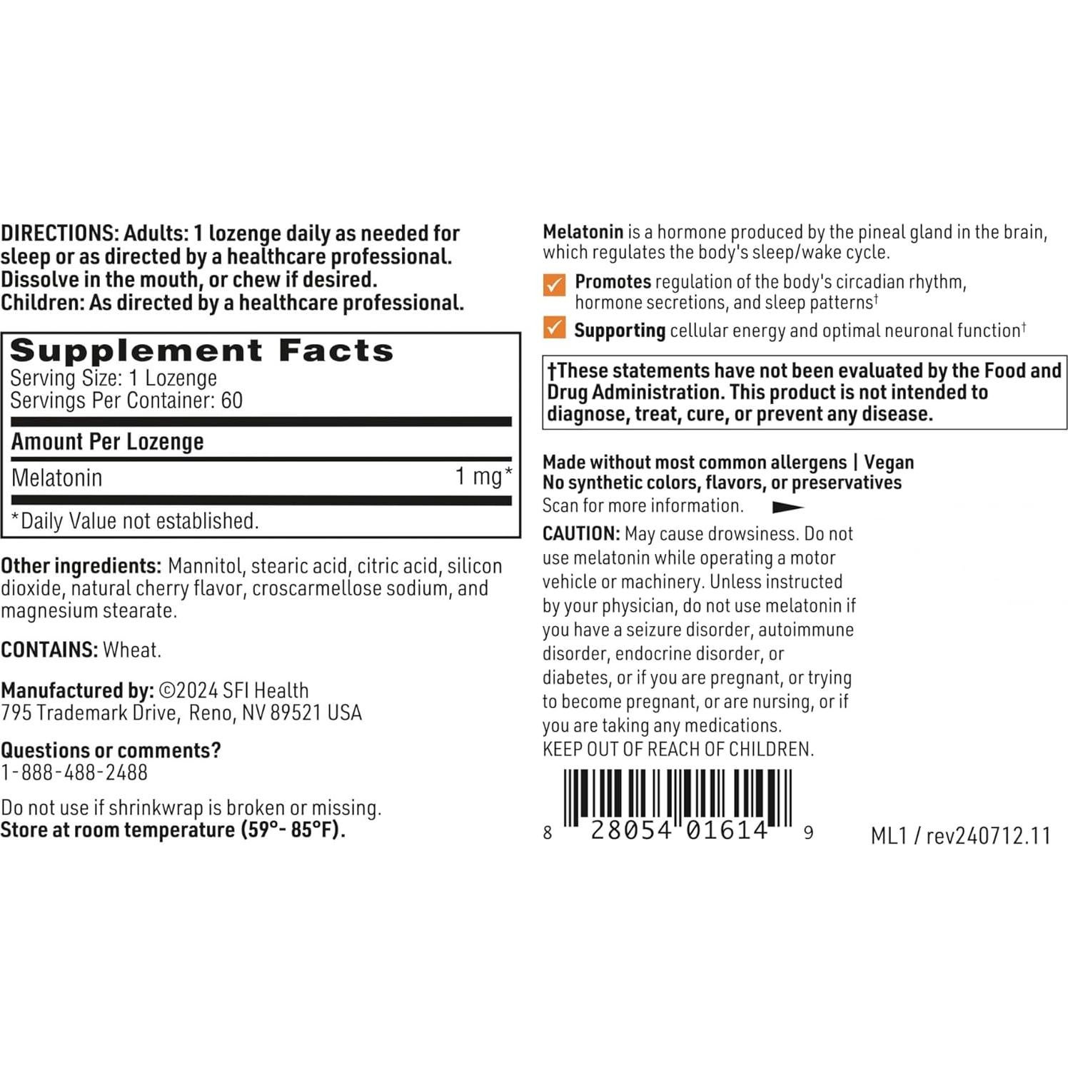 Tabletas de Melatonina 1 mg Klaire Labs - 60 Tabletas Disolubles