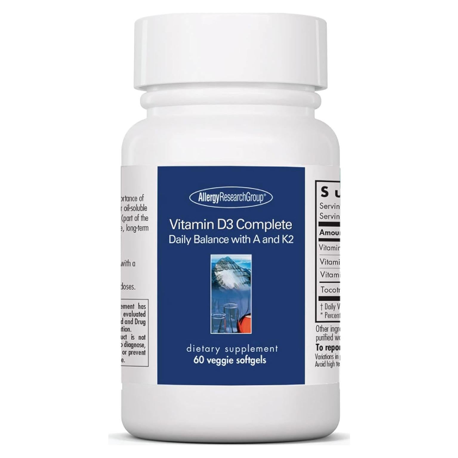Allergy Research Group Vitamin D3 Complete - Vitamin D3 and K2 Supplement, Daily Balance, with Vitamin A, DeltaGold Tocotrienols, High Potency, Veggie Softgels - 60 Count