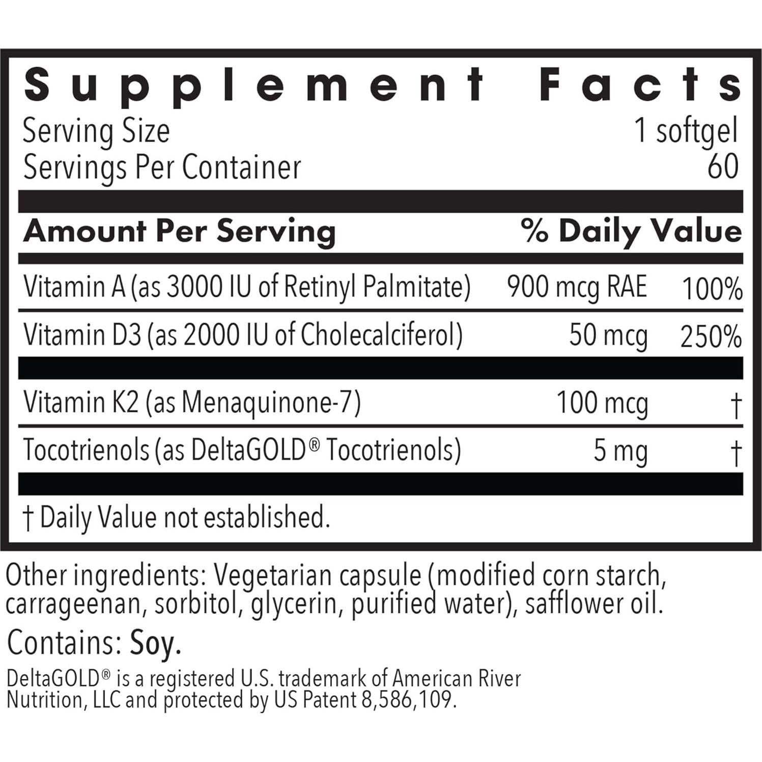Allergy Research Group Vitamin D3 Complete - Vitamin D3 and K2 Supplement, Daily Balance, with Vitamin A, DeltaGold Tocotrienols, High Potency, Veggie Softgels - 60 Count