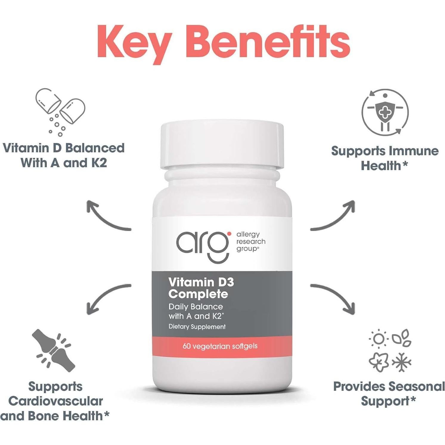 Allergy Research Group Vitamin D3 Complete - Vitamin D3 and K2 Supplement, Daily Balance, with Vitamin A, DeltaGold Tocotrienols, High Potency, Veggie Softgels - 60 Count