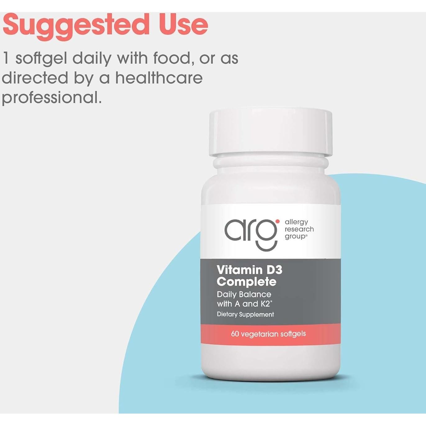 Allergy Research Group Vitamin D3 Complete - Vitamin D3 and K2 Supplement, Daily Balance, with Vitamin A, DeltaGold Tocotrienols, High Potency, Veggie Softgels - 60 Count