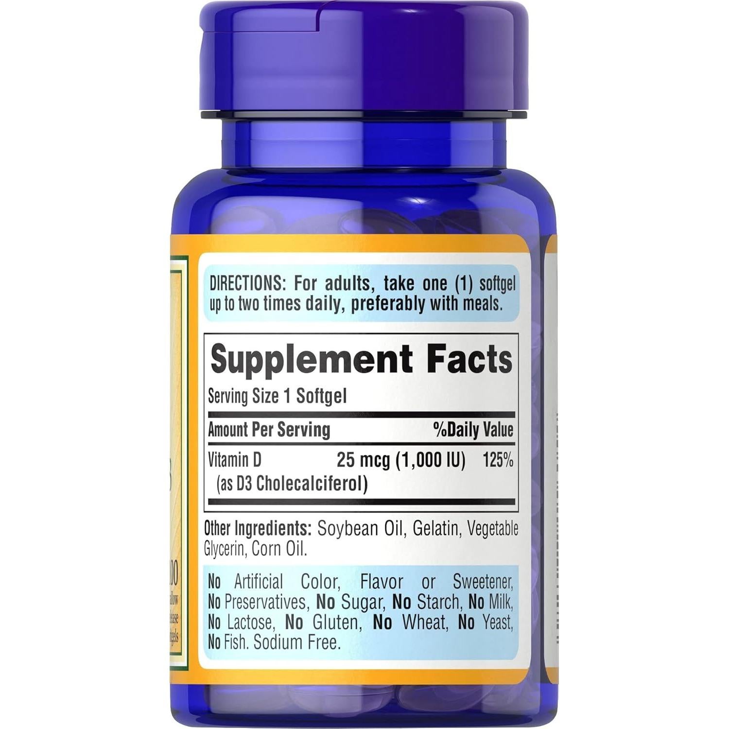 Vitamina D3 1000 UI Puritan's Pride 200 gelatinas blandas