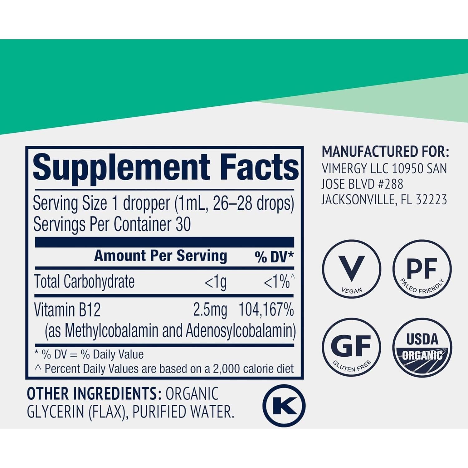Suplemento Líquido de Vitamina B12 Orgánica Vimergy 30 mL