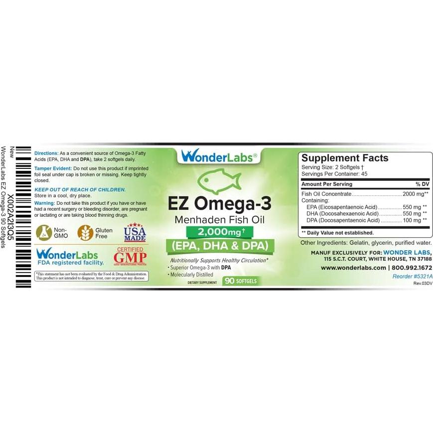 Aceite de Pescado Menhaden Omega-3 Wonder Labs 2000 mg 90 Cápsulas