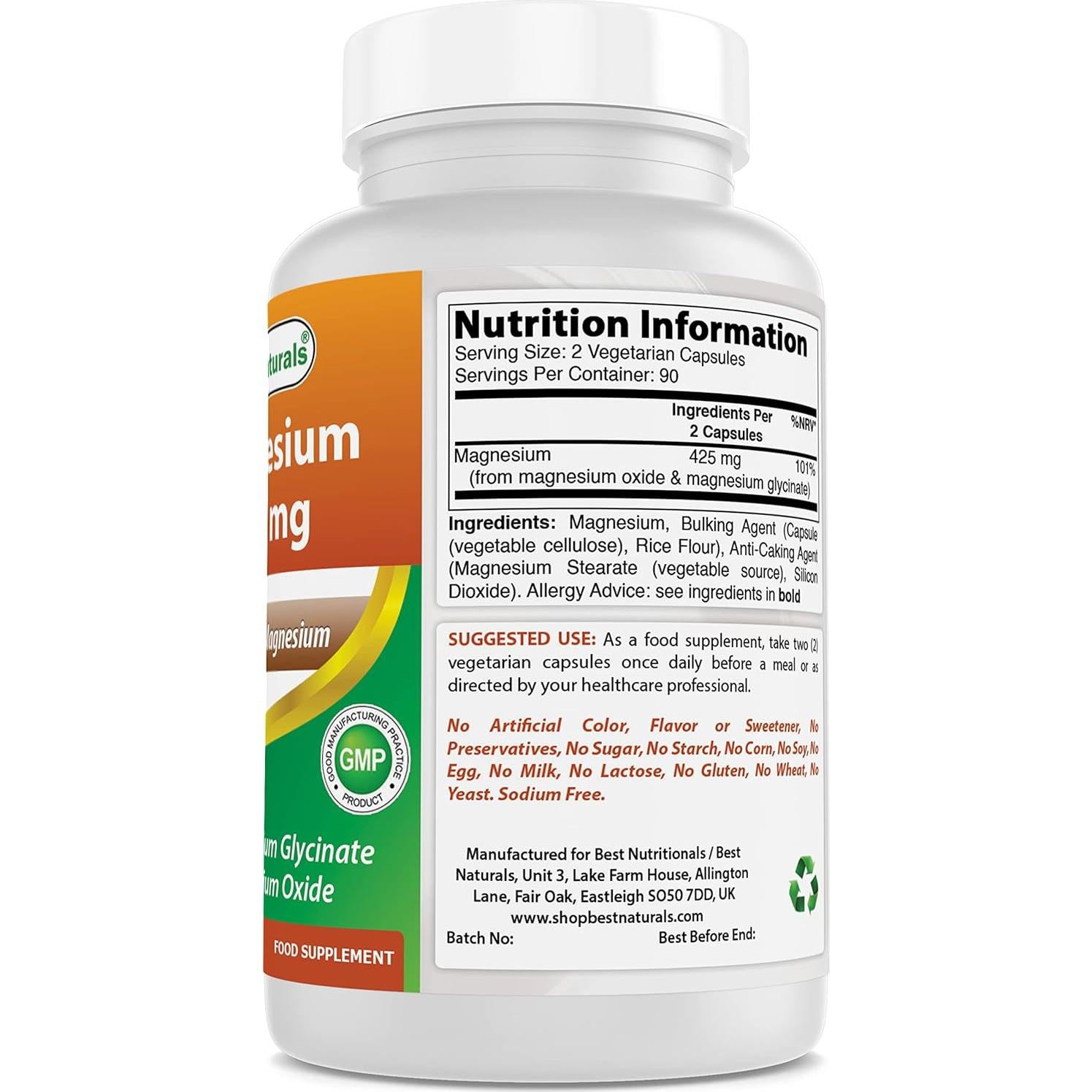 Mejores Naturales Magnesio 425 mg 360 Cápsulas Vegetales