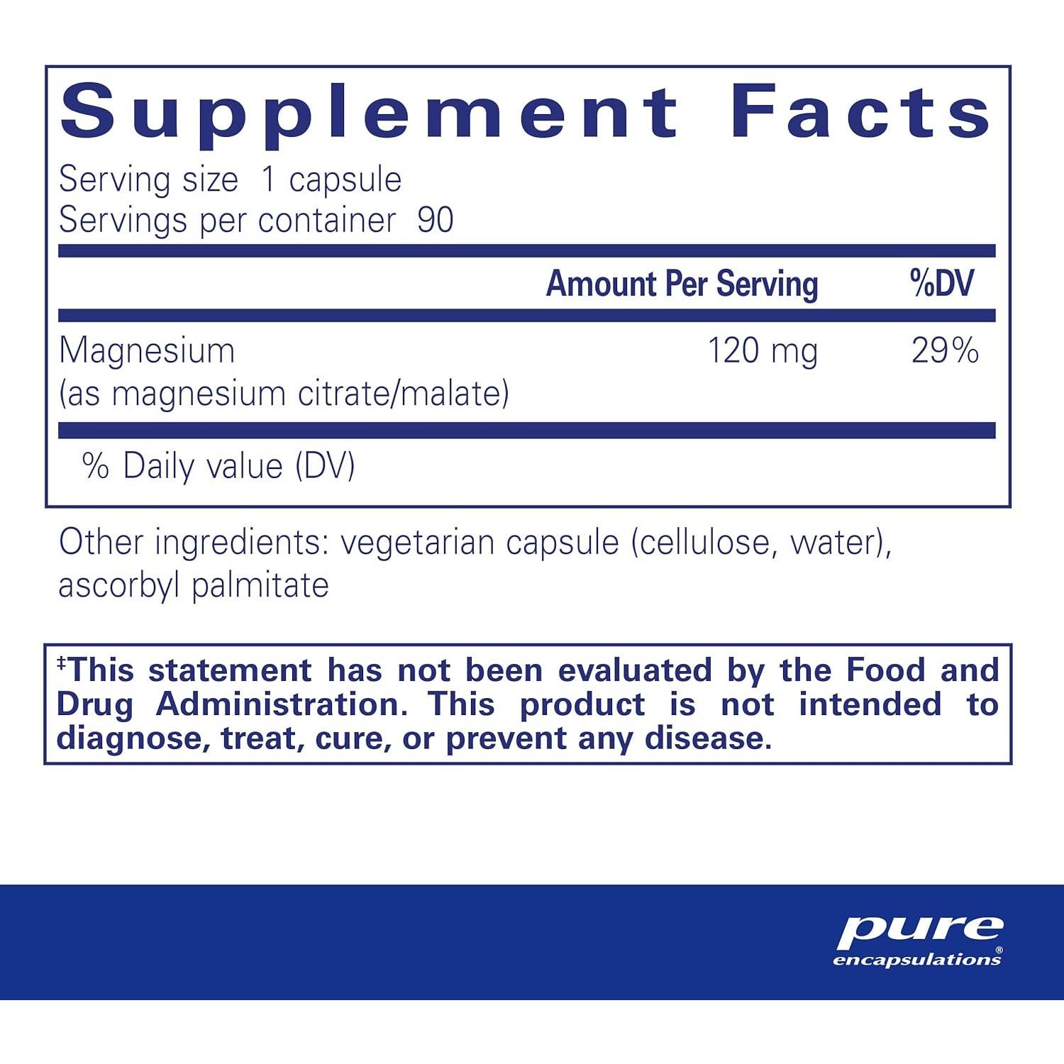 Suplemento de Magnesio Citrato/Malato Pure Encapsulations 90 Cápsulas